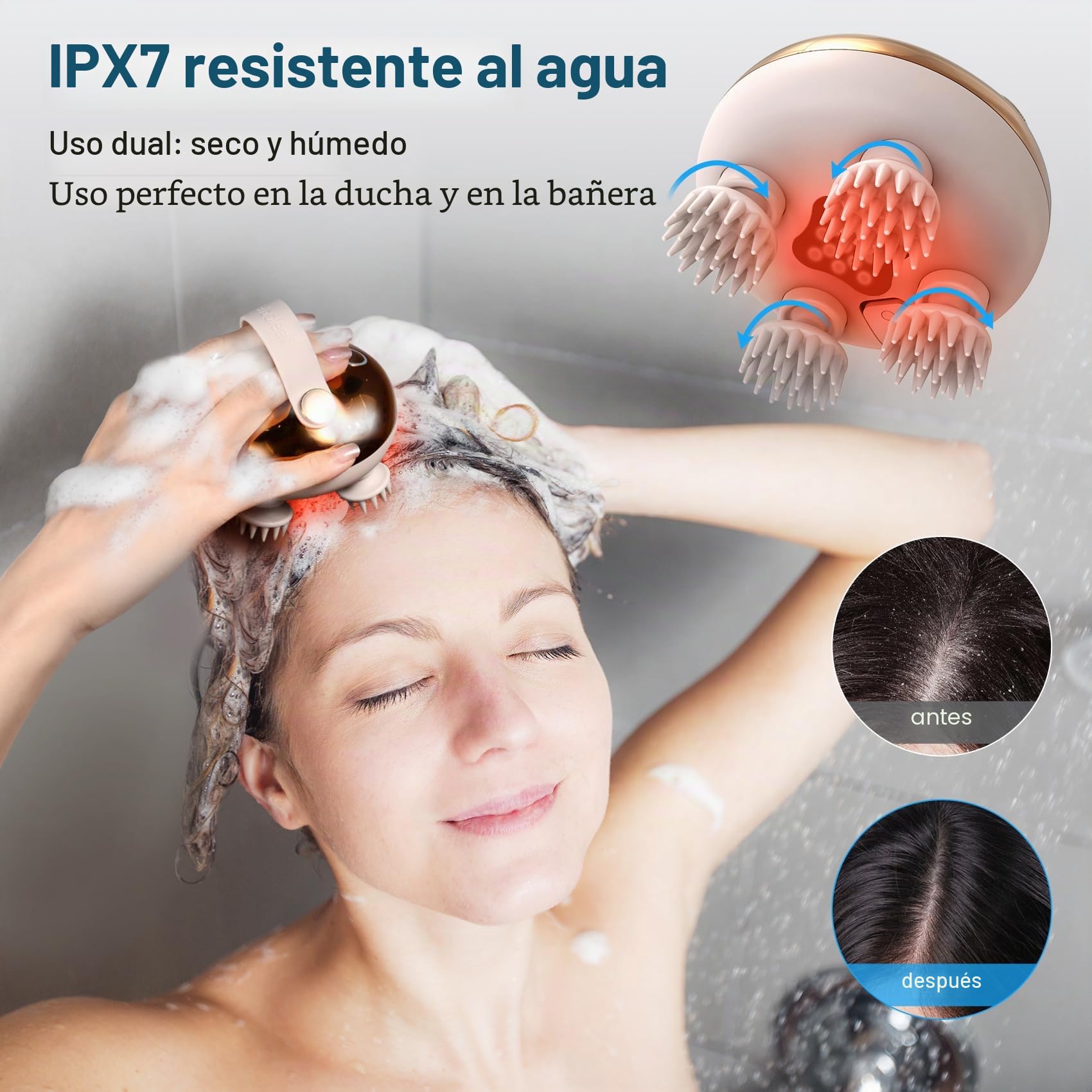 arboleaf Masajeador Cabeza Electrico Masajeador de Cuero Cabelludo y Cuerpo Portátil Recargable Impermeable IPX7 con 8 Cabezales de Masaje de Silicona, 3 Modos