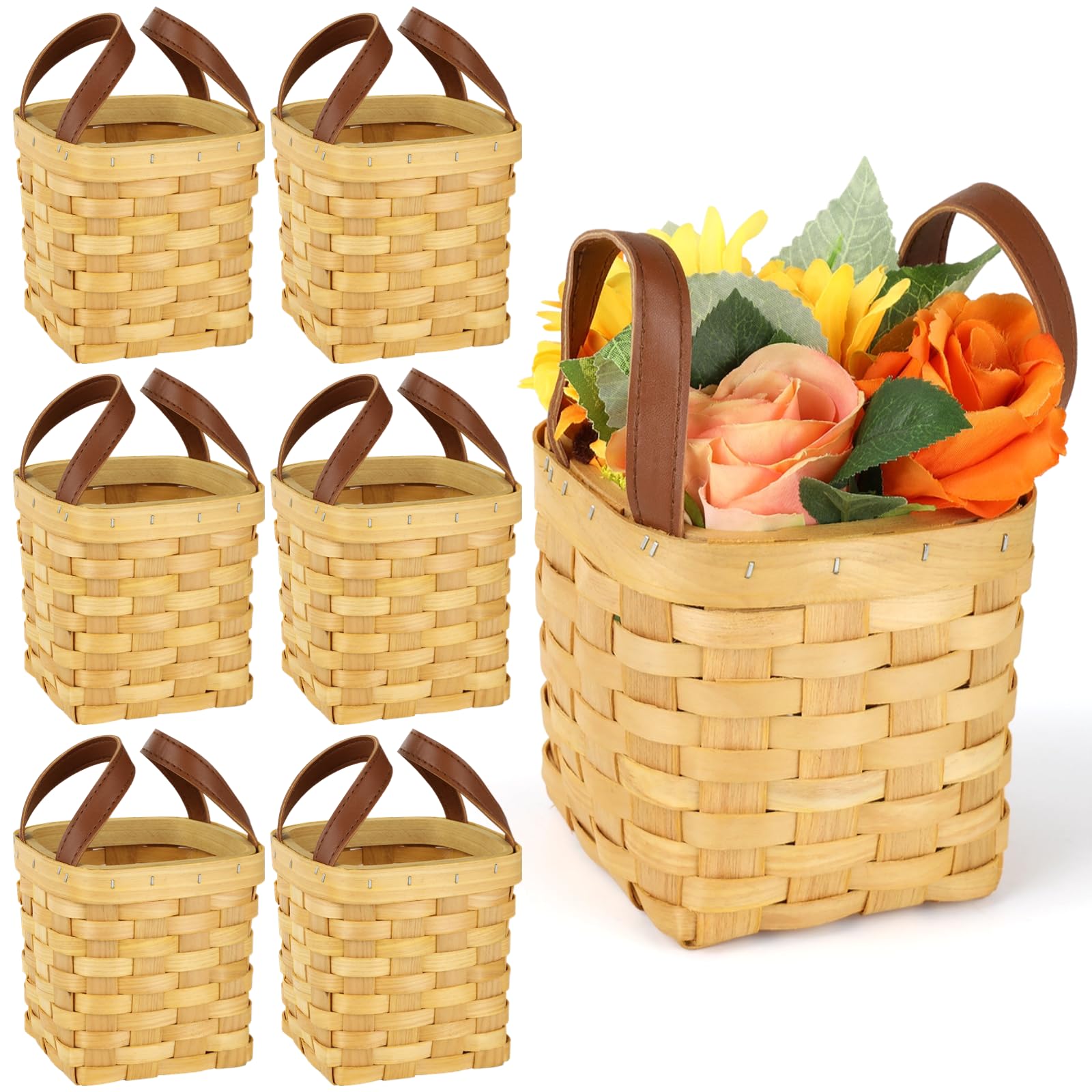 6PCS Wooden Woven Baskets with Handles, Empty Wood Wicker Storage Baskets, Decorative Woven Empty Picnic Baskets, Woven Flower Baskets as Souvenirs, Gifts, Floral (6PCS)