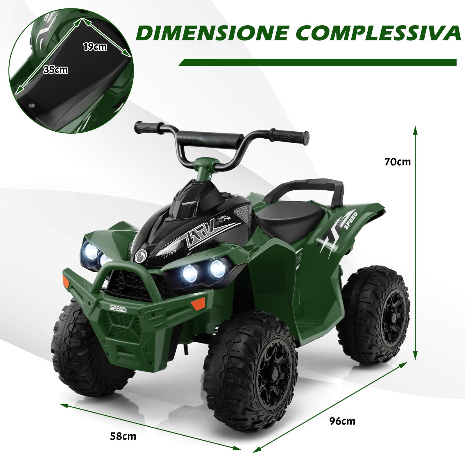 COSTWAY 12V Quad Elettrico per Bambini 3 Anni+, 3-5 km/h (Verde) | Macchina Elettrica con Velocità Alta/Bassa, Sedile Comodo Fari Corno e Musica, Auto Elettrica Cavalcabile