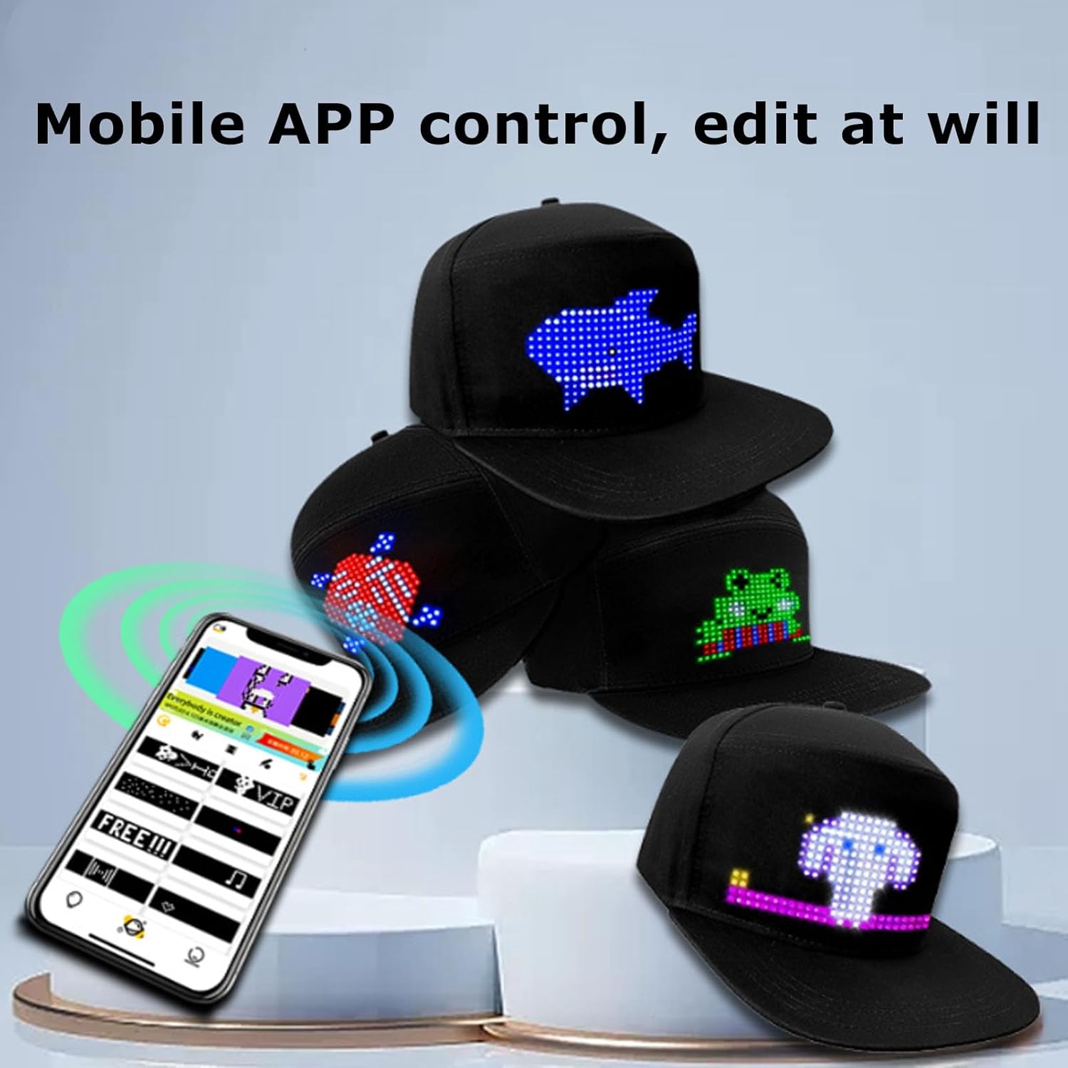 LED Hat, LED Caps Display Message Bluetooth Editable , Adjustable Cool LED Baseball Cap, Customizable LED Display Cap, RGB Light Canvas Cap for Party Christmas Halloween
