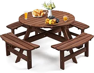 8 Person Wood Picnic Table, Round Tabletop with Umbrella Hole, 4 Integrated Curved Benches, 2220LBS Overall Capacity for Patios, Backyard, Rustic Brown