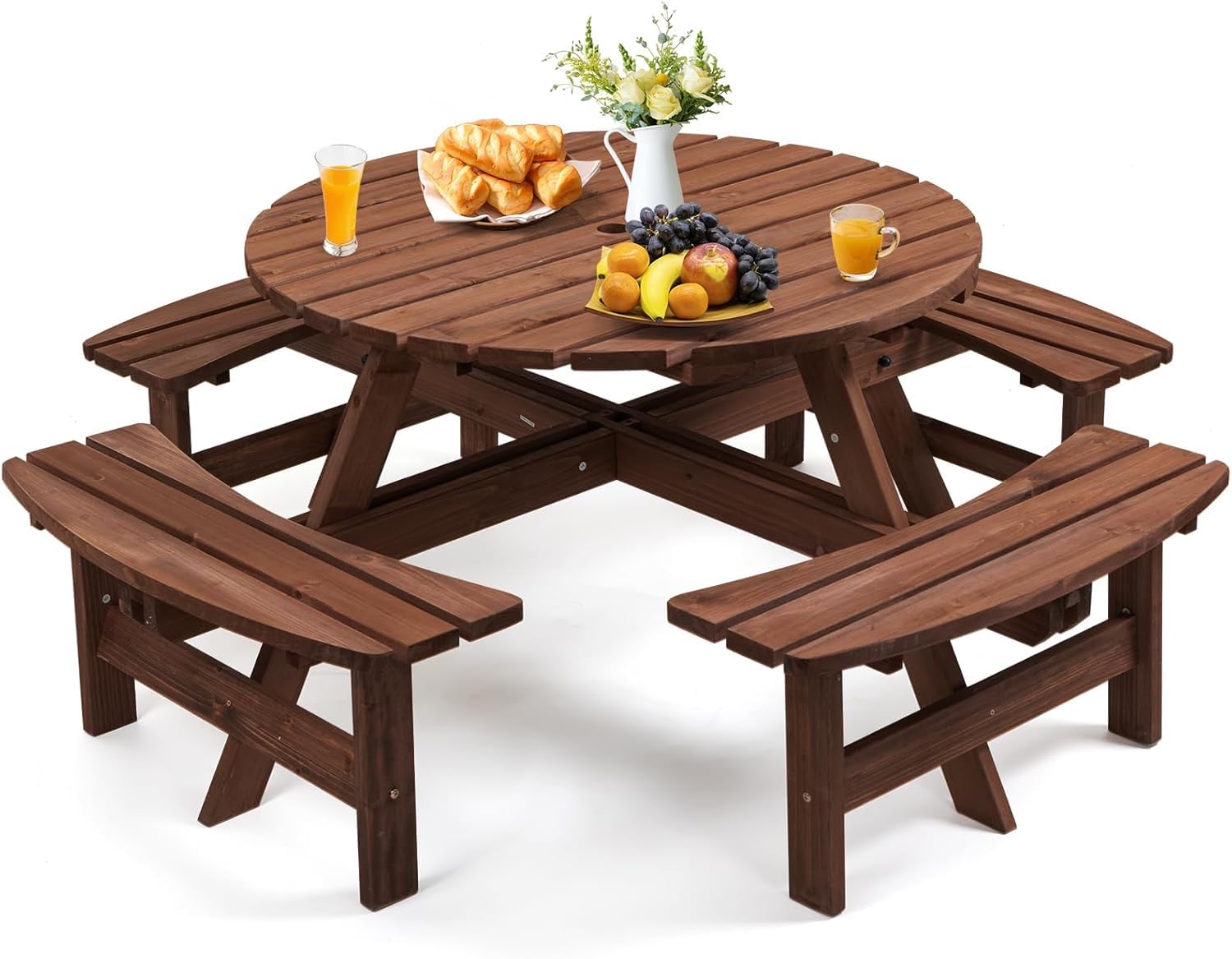 Zevemomo 8 Person Wood Picnic Table, Round Tabletop with Umbrella Hole, 4 Integrated Curved Benches, 2220LBS Overall Capacity for Patios, Backyard,