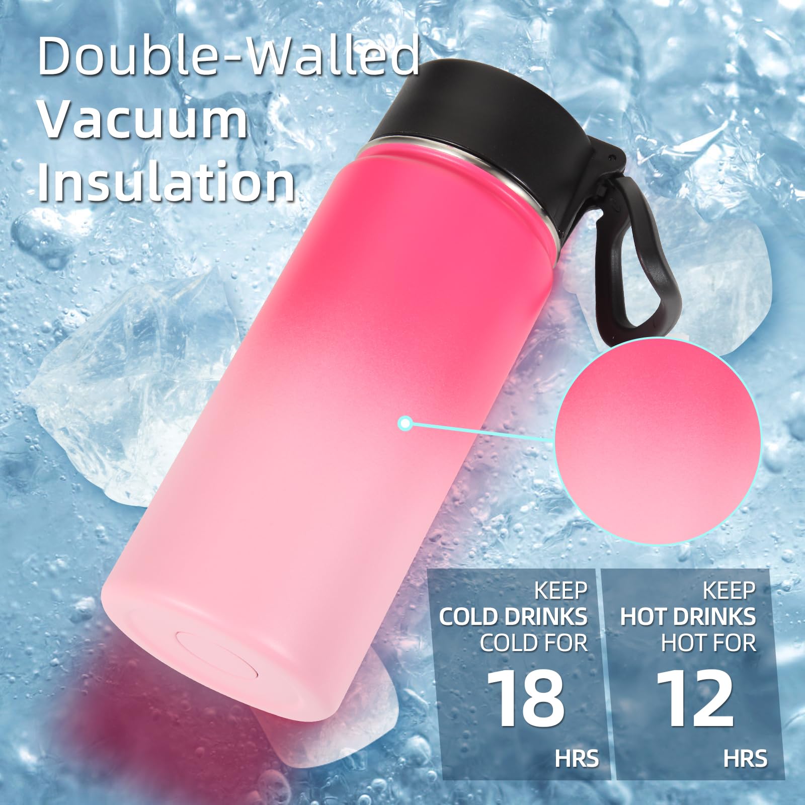 Volhoply 480ml Kids Water Bottle Bulk 2 Pack,Insulated Sports Bottles with Straw Lid,Stainless Steel Bottle with Handle Keep Cold & Hot,Double Wall Vacuum Flask for School(Assorted,Set of 2) - Image 3