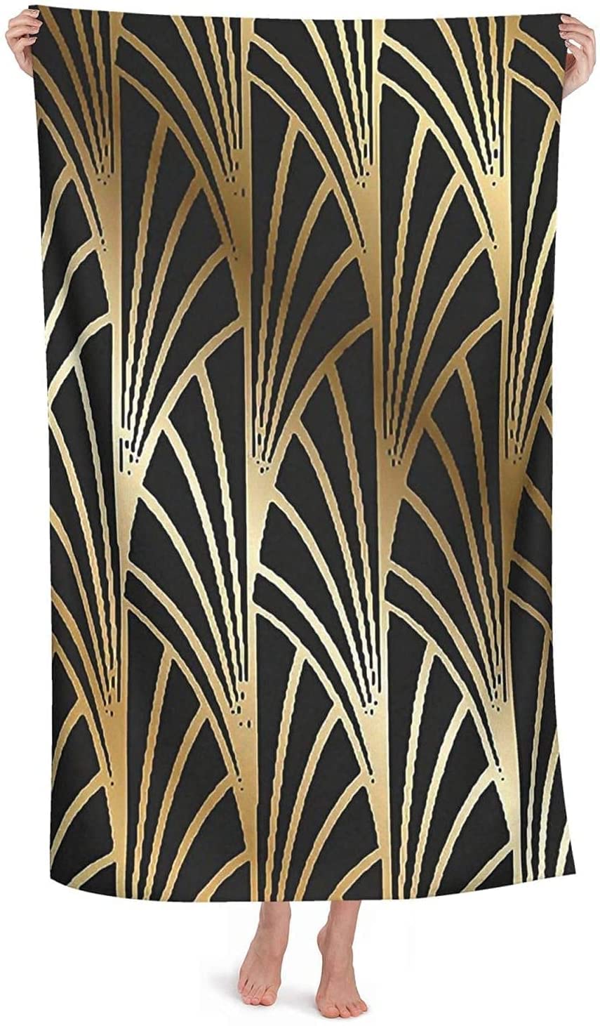 BAAROO Telo mare Art Nouveau, Art Deco, oro, nero, motivo altamente assorbente in microfibra coperta morbida asciugamani da bagno 130 cm x 80 cm