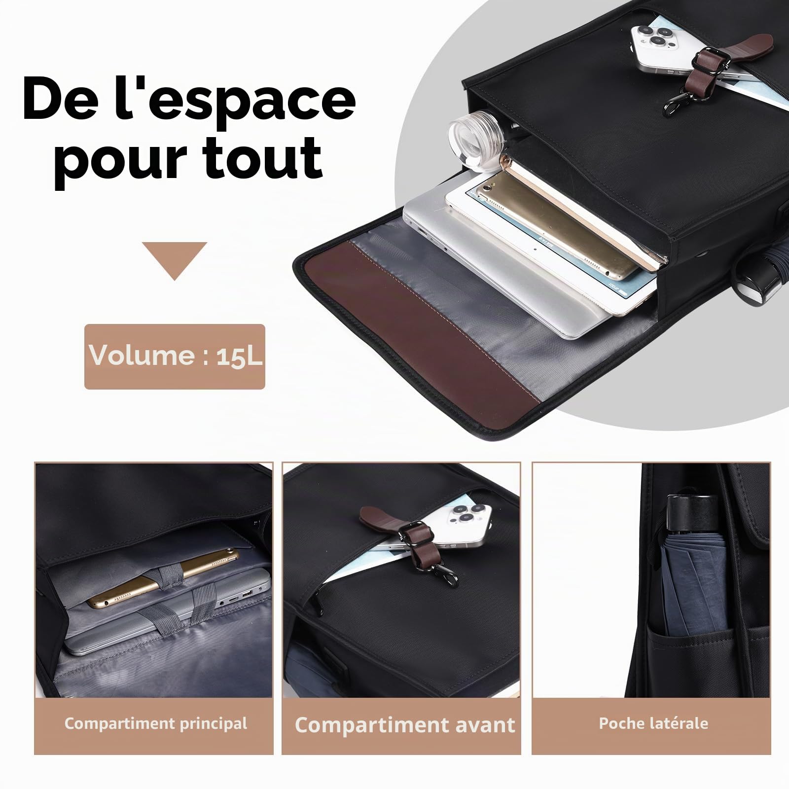 Sac à Dos Ordinateur 15.6 Pouces avec Port de Charge USB, Cartable Élégant pour le Travail, l'Université, les Cours, les Loisirs et les Affaires, pour Hommes et Femmes (14L) - Noir