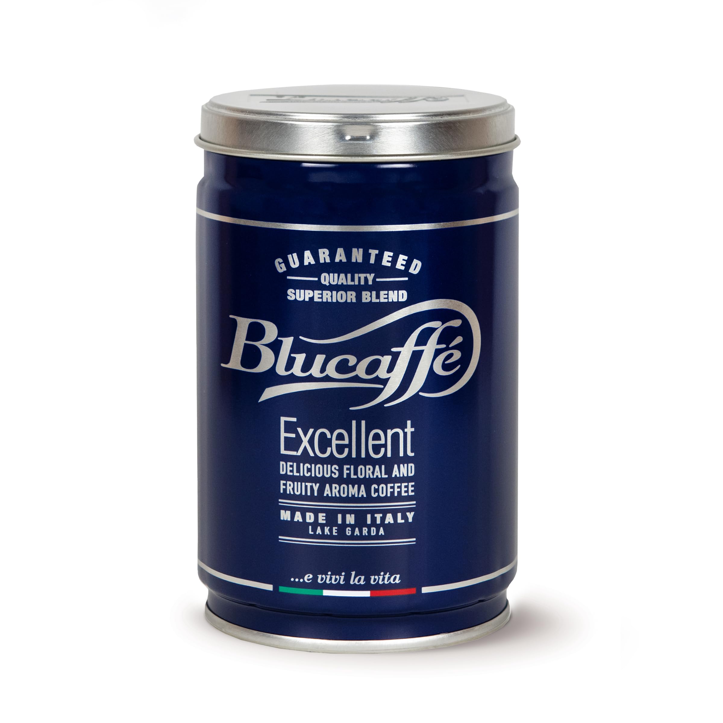 LUCAFFÈ Blucaffè caffè in grani, barattolo caffè 250 gr acciaio salva aroma, chicchi di caffè arabica Gourmet, gusto fruttato, tostatura media, corposità media, aroma intenso, poca caffeina
