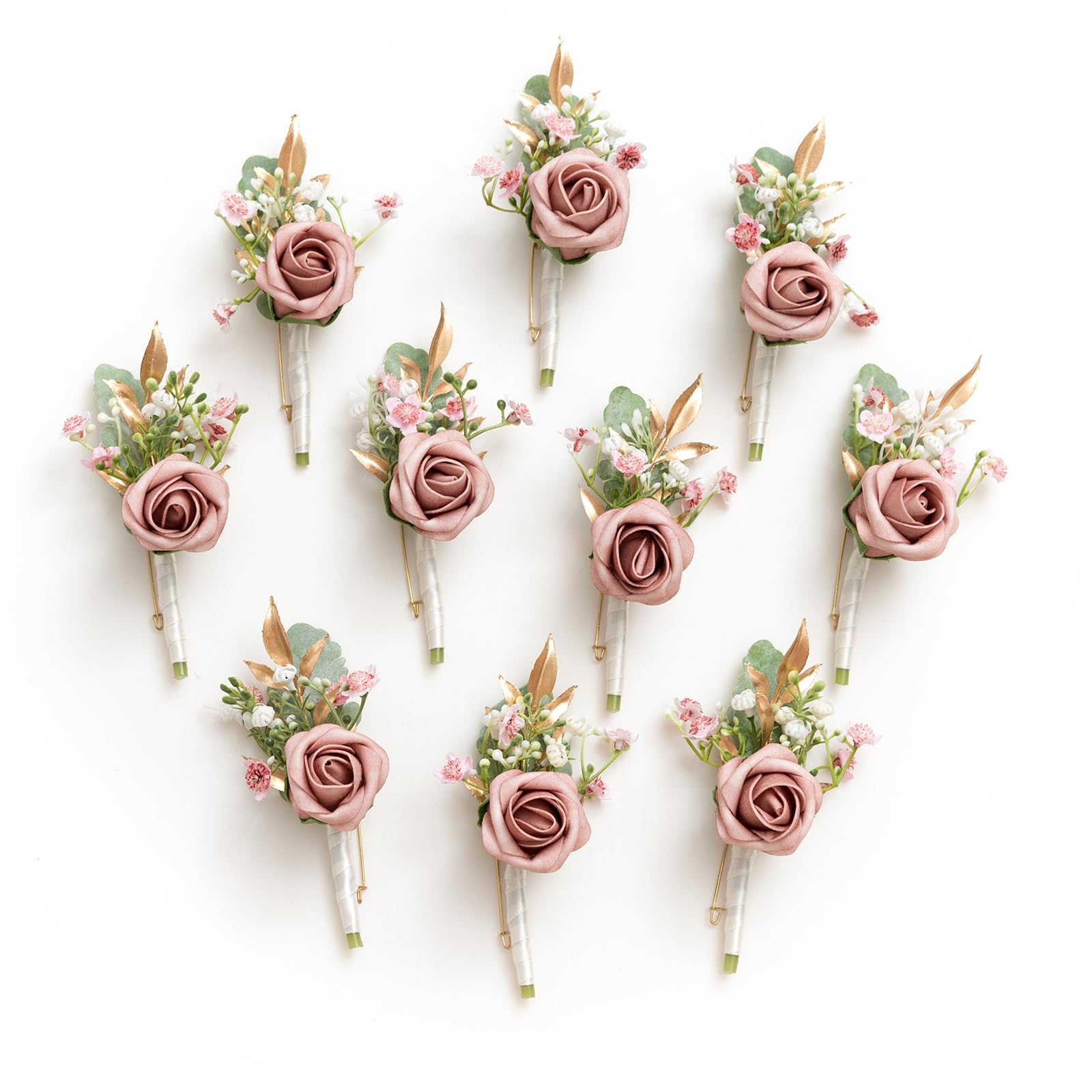 Ling's Moment Boutonniere for Men, 10pcs Groomsmen Guest Boutonniere, Artificial Flowers for Wedding Décor/Prom/Homecoming,etc.Dusty Rose Pink