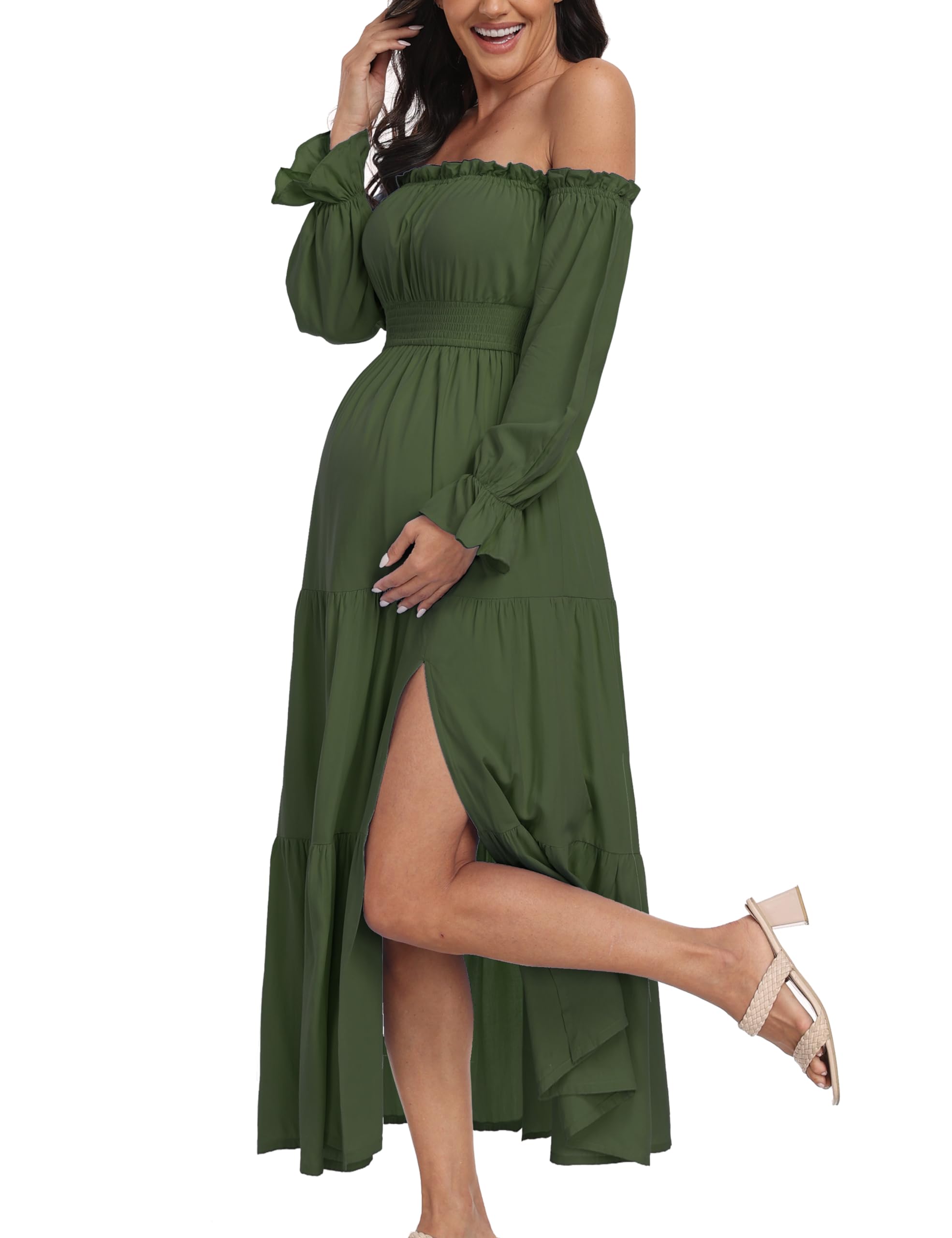 Summer Boho Off Shoulder Maternity Dresses, Long Sleeve Side Split Flowy A Line Tiered Maxi Dress for Baby Shower Photoshoot, Olive, M