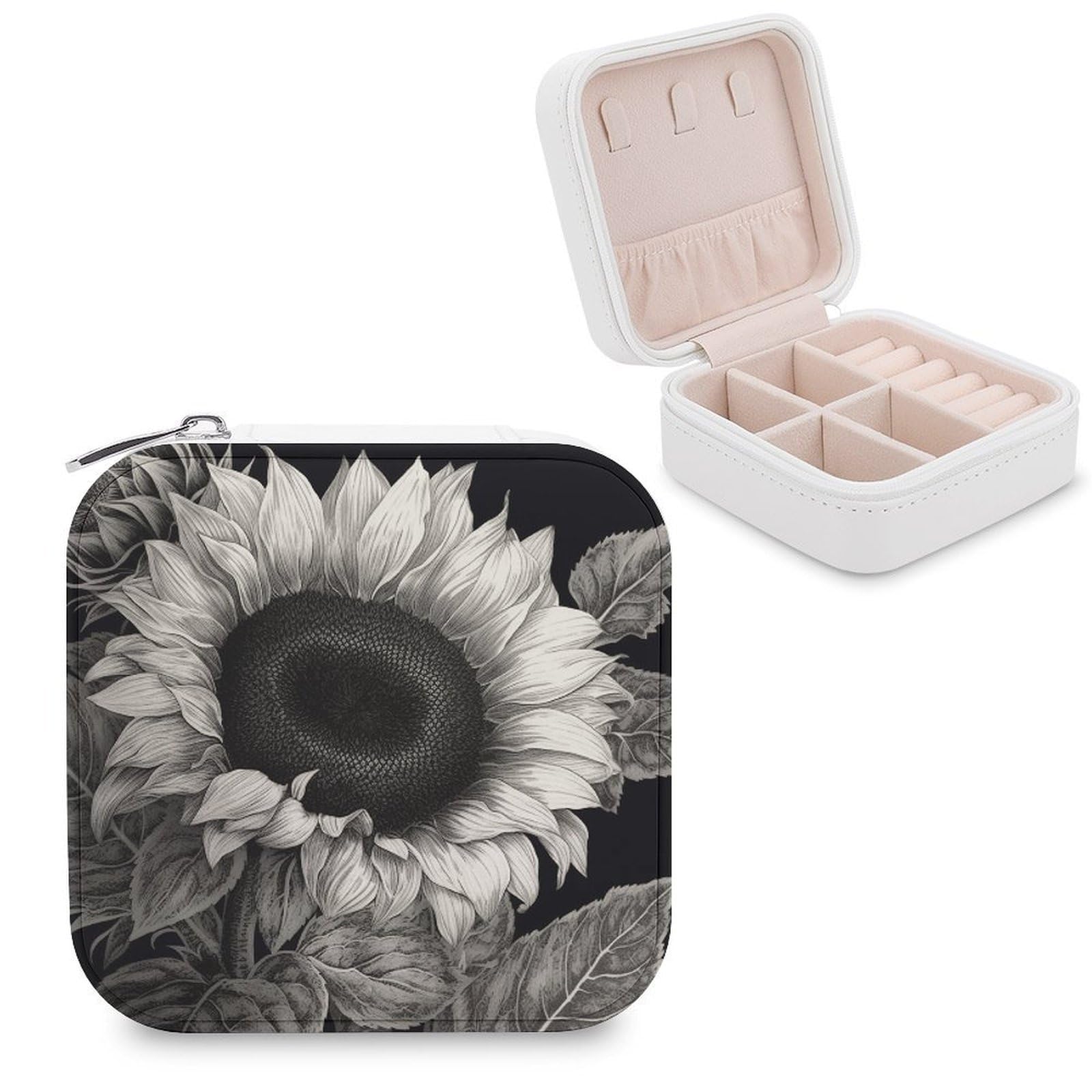 FekiLoot Sunflower Black Grey Jewelry Case Personalized Leather Jewelry Box Mini Travel Jewelry Case Small Portable Jewelry Organizer for Ring Earrings Necklace Bracelet