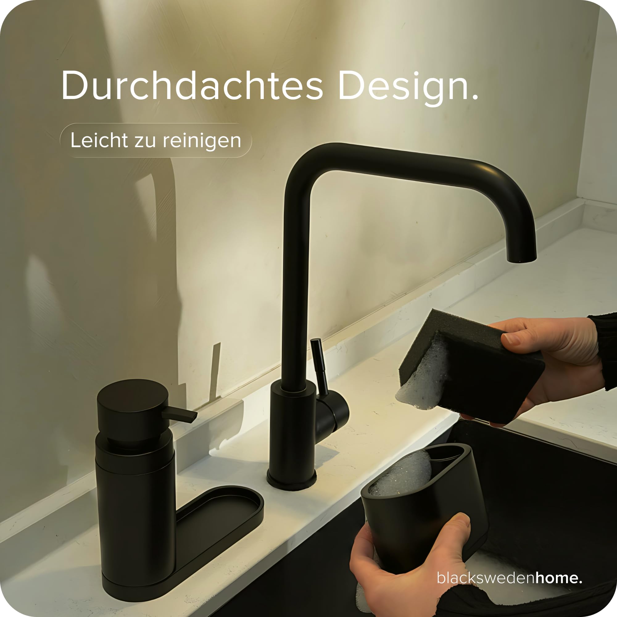 blackswedenhome. Design Spülbecken Organizer mit entnehmbaren Spülmittelspender Spülbürste und Schwamm - Küchenorganizer - Spüle Organizer aus Kunststein Sink Spül Set Seifenspender schwarz matt