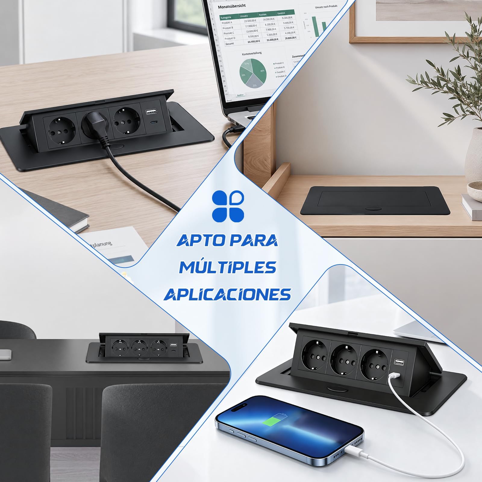 Enchufe Empotrable Mesa, Regleta Empotrable Base Múltiple Retráctil para Escritorio/Mesa Toma Empotrada con 3 Tomas Schuko + 2 USB (1 Tipo A + 1 Tipo C), Cable de 1,8 m, Negro