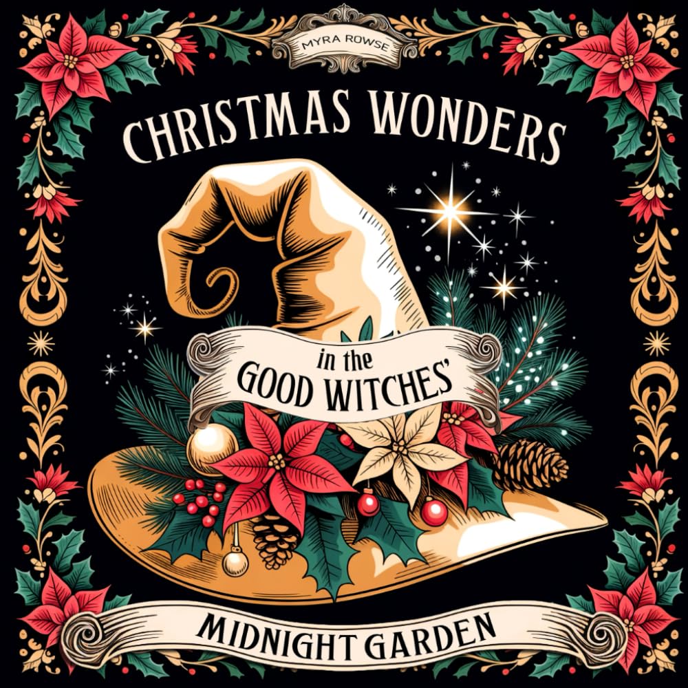 Christmas Wonders in the Good Witches' Midnight Garden: A Witchy Christmas Coloring Book for Adults with Cozy Cottagecore Scenes, Magical Winter Trinkets, and Gentle Festive Spells on Black Background