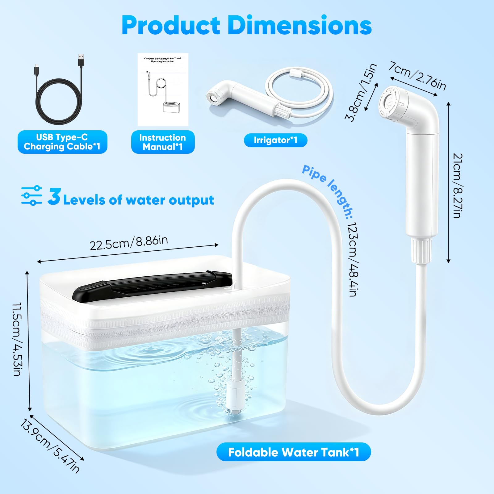 Bidet portatile con doccia elettrica, ricaricabile, serbatoio da 2,3 l, spray a 3 livelli, per toilette, viaggi e pulizia musulmana, bagno portatile per letto settimanale, cura intima (bianco)