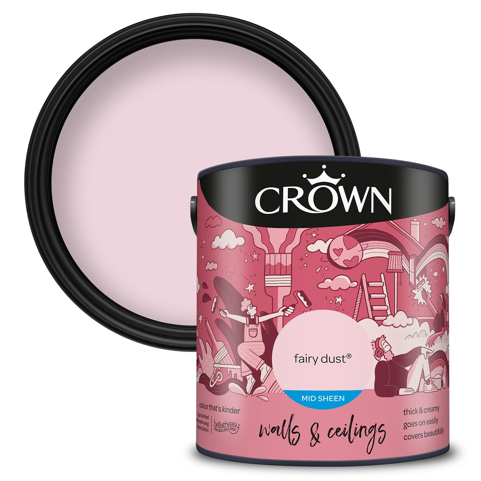 Crown Fairy Dust - Mid Sheen Emulsion Paint for Walls and Ceilings - Wipeable - Mid Pink Finish - Hallway and Bedroom - Water Based, Quick Dry, Low Odour Paint - 2.5L