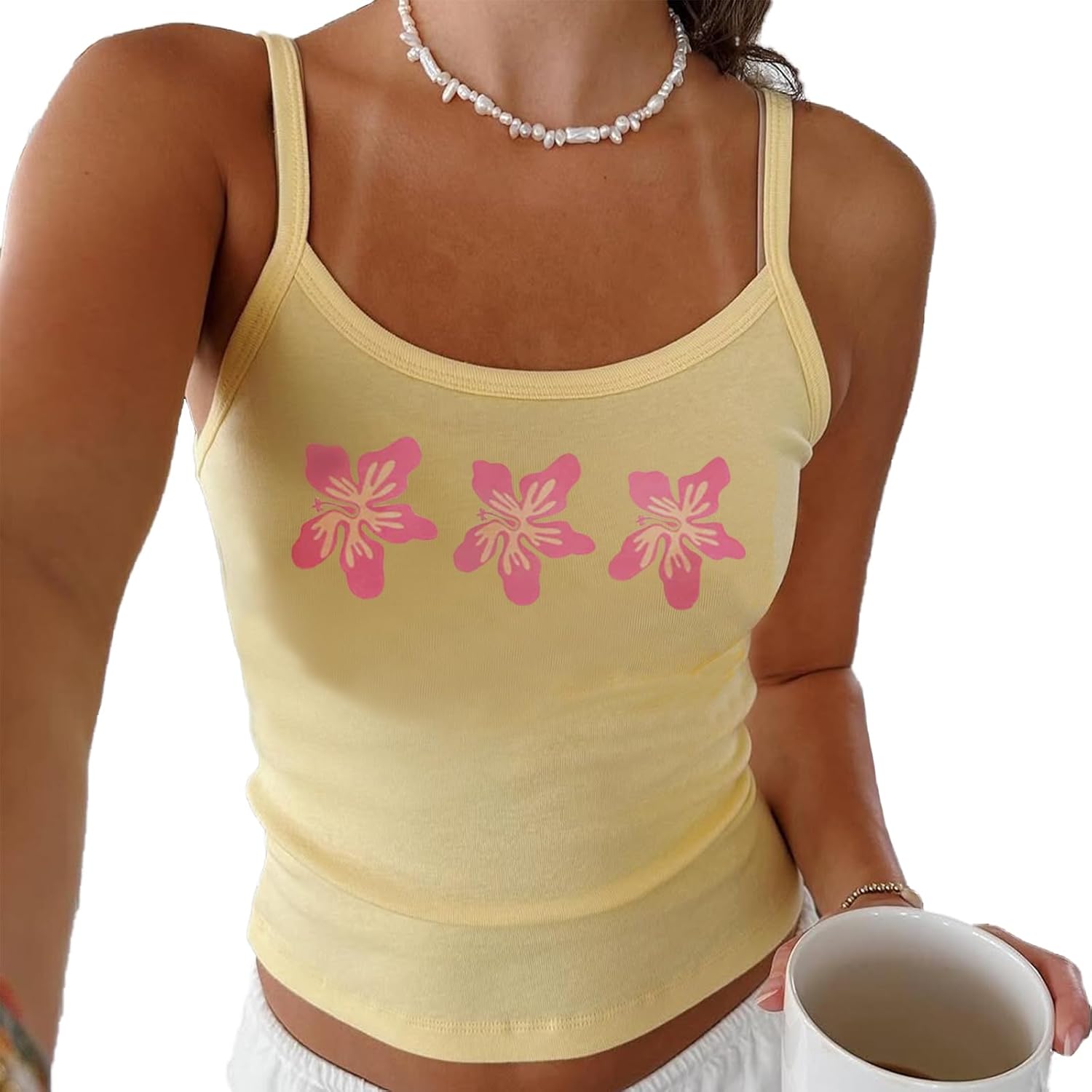Women Y2k Floral Tank Tops Spaghetti Strap Slim Fit Hibiscus Flower Cami Top Summer Going Out Camisoles