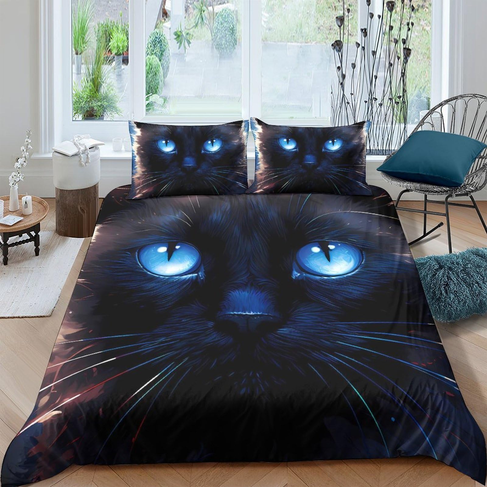 Ctjqhvkz Style-6 3D Printed Blue Eyed Black Cat Fitted Sheet Microfiber Soft Mattress Cover Bedroom Dorm Decor Single（135X200cm）