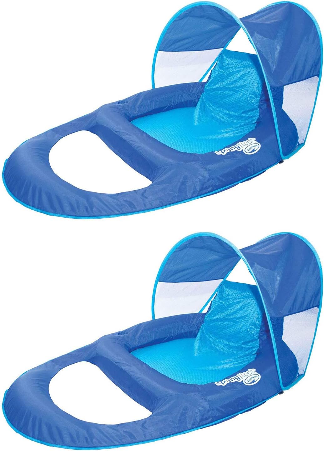 SwimWays Spring Float Recliner Pool Lounge Chair w/Sun Canopy, Blue (2 Pack)