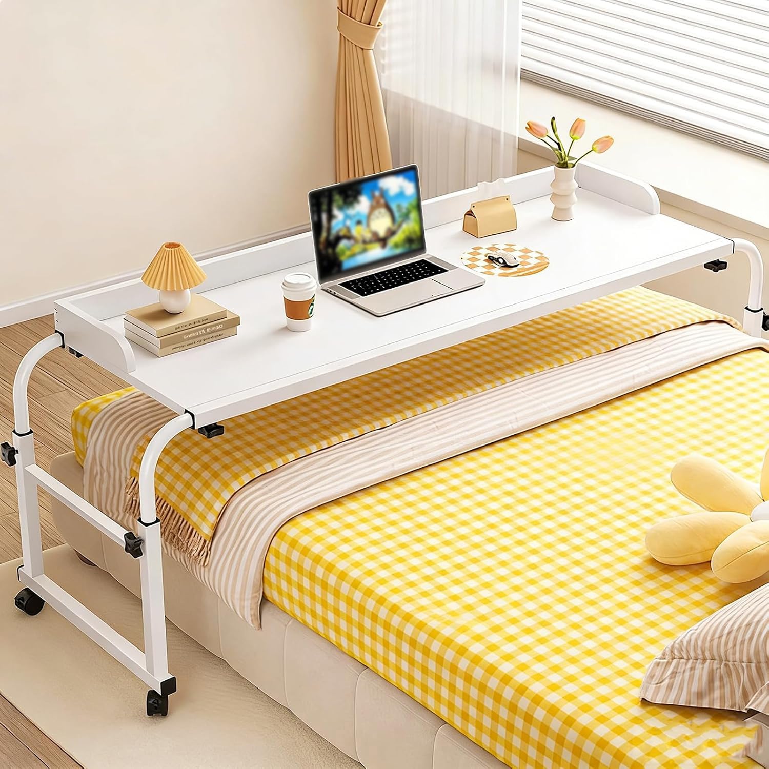 GXQFC Mobile Over The Bed and Recliner Table, Laptop Cart Computer Desk Food Tray Desk Rolling Medical Table for Full/Queen/King Size Bed Frame(Color:White)