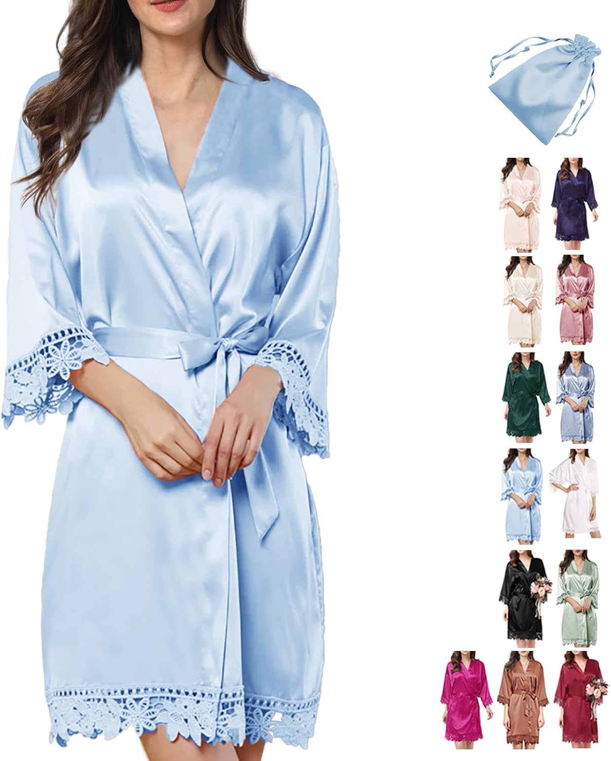 2Pcs Satin Robe Womens Silk Robes Lace Kimonos Bridal Silky Robes for Brides Bridesmaids Wedding Nightgown Bathrobe Sleepwear - Image 4