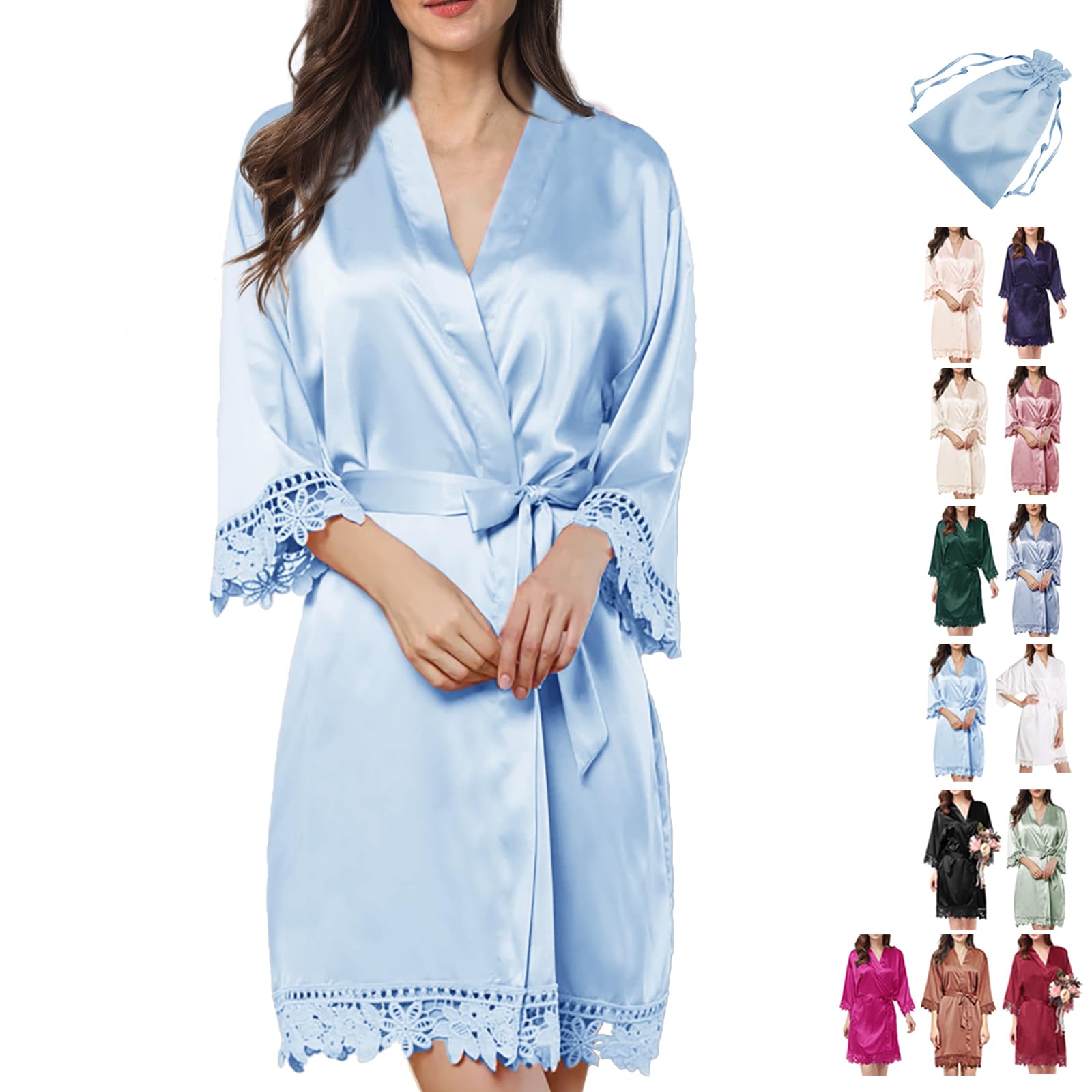 2Pcs Satin Robe Womens Silk Robes Lace Kimonos Bridal Silky Robes for Brides Bridesmaids Wedding Nightgown Bathrobe Sleepwear