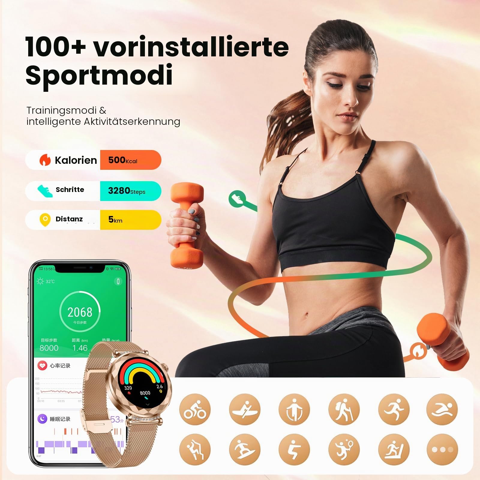 Smartwatch Damen, AURORA Ultradünn 1.19" Touchscreen - Bluetooth Anrufe, 200mAh 100+ Sportmodi, SpO2, Pulsuhr, Schlafmonitor, Schrittzähler, IP68, Kompatibel Sportuhr Damenuhr mit Android/iOS