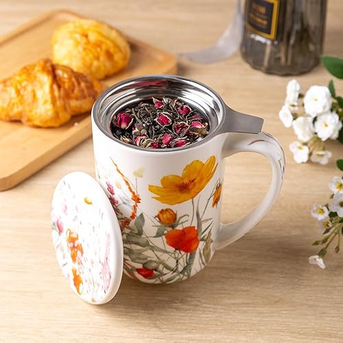 Miniatura 3 de AmorArc Taza de té de porcelana con infusor y tapas, colador de taza de té de 18 onzas con soporte para bolsa de té para té de hojas sueltas, taza