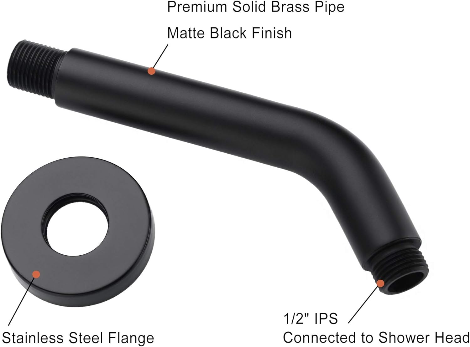 6 Inch Shower Arm and Flange - Solid Brass Wall Mounted Shower Arm Replacement for Fixed Shower Head, Matte Black