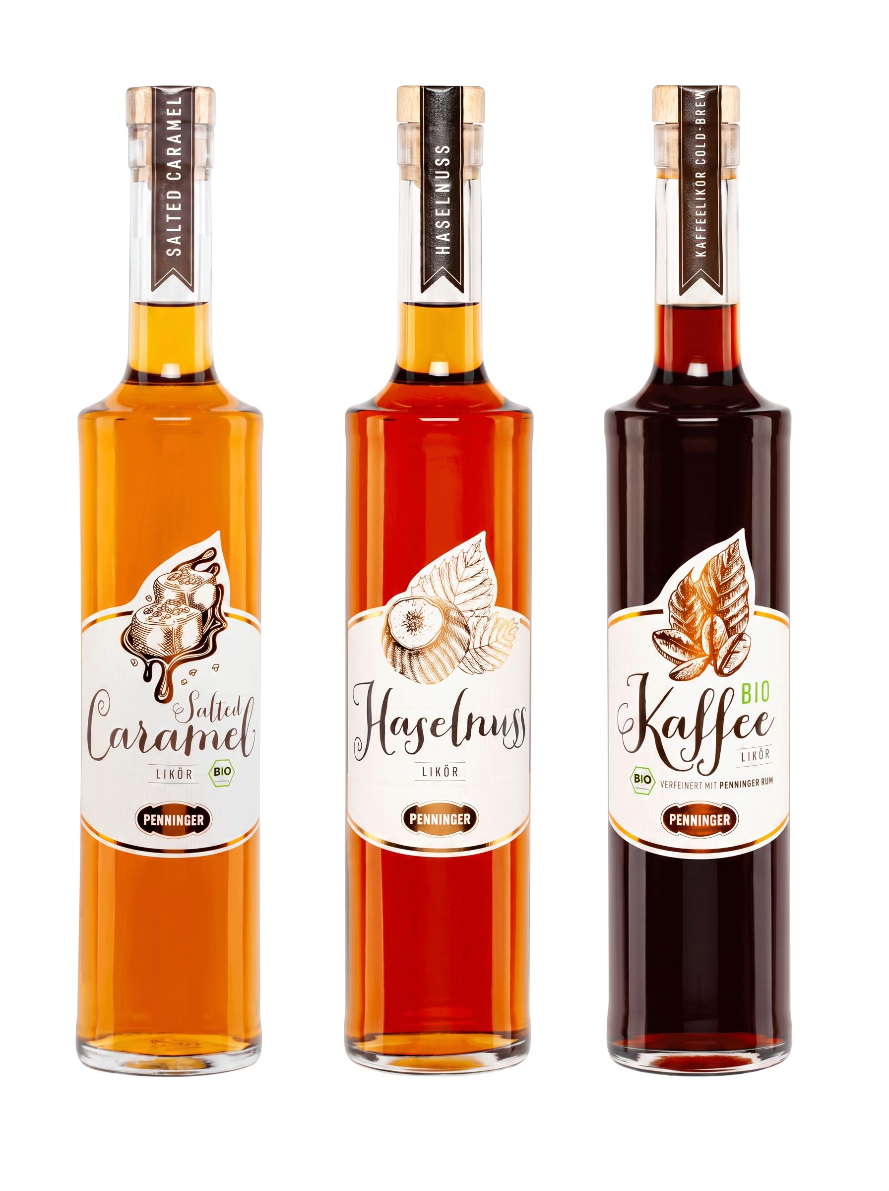 Penninger "Roasted Flavours" Likör-Probierset, 3er Pack (3 x 0,5 l) – Haselnuss, Salted Caramel & Kaffee-Likör, je 0,5 l, 20% vol.