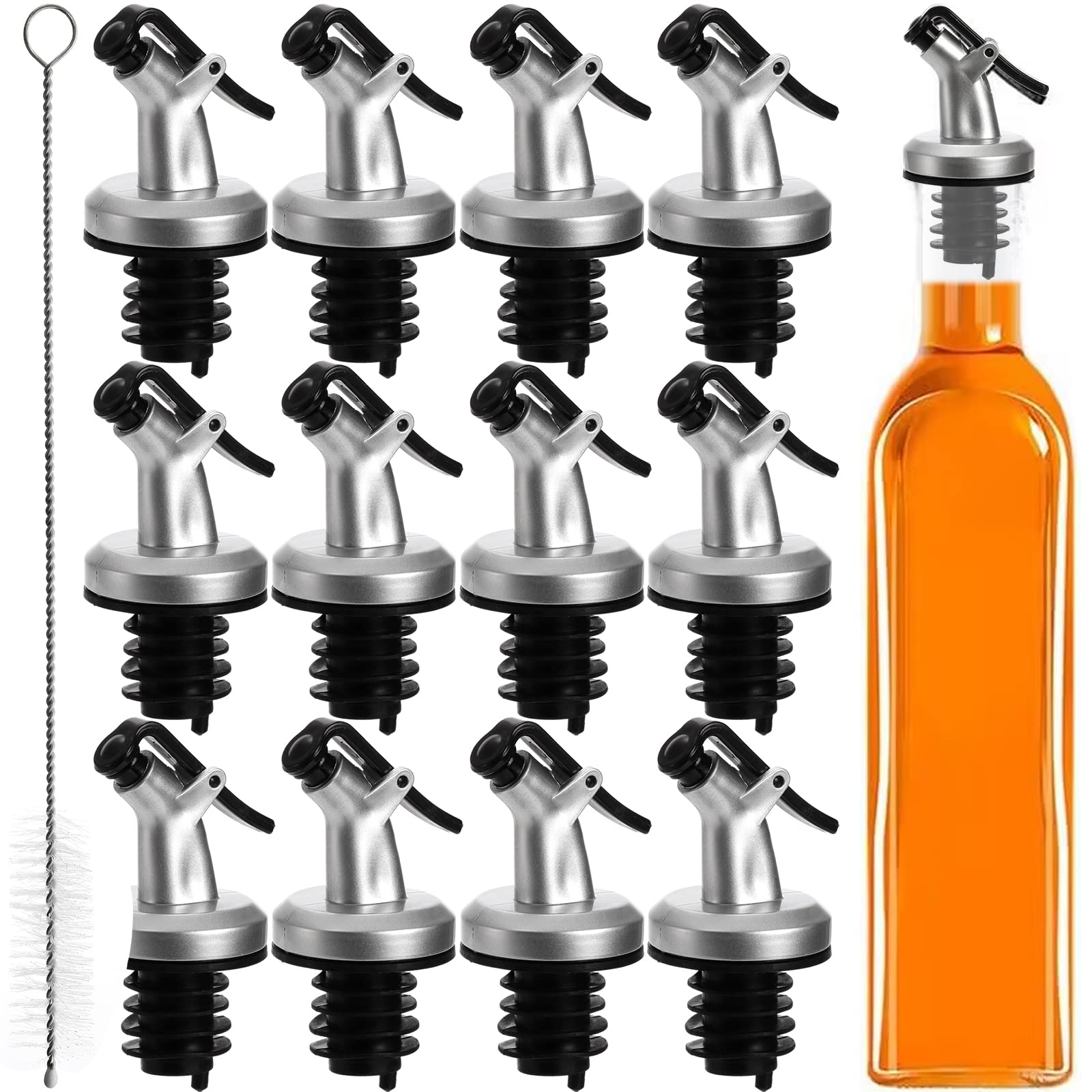 Tebery12 Pack Olive Oil Pour Spouts Wine Bottle Pourer with 4 Cleaning Brush, Oil Bottle Dispenser Stopper Tapered Liquor Pourers for Olive Oil, Wine, Vinegar, Soy Sauce