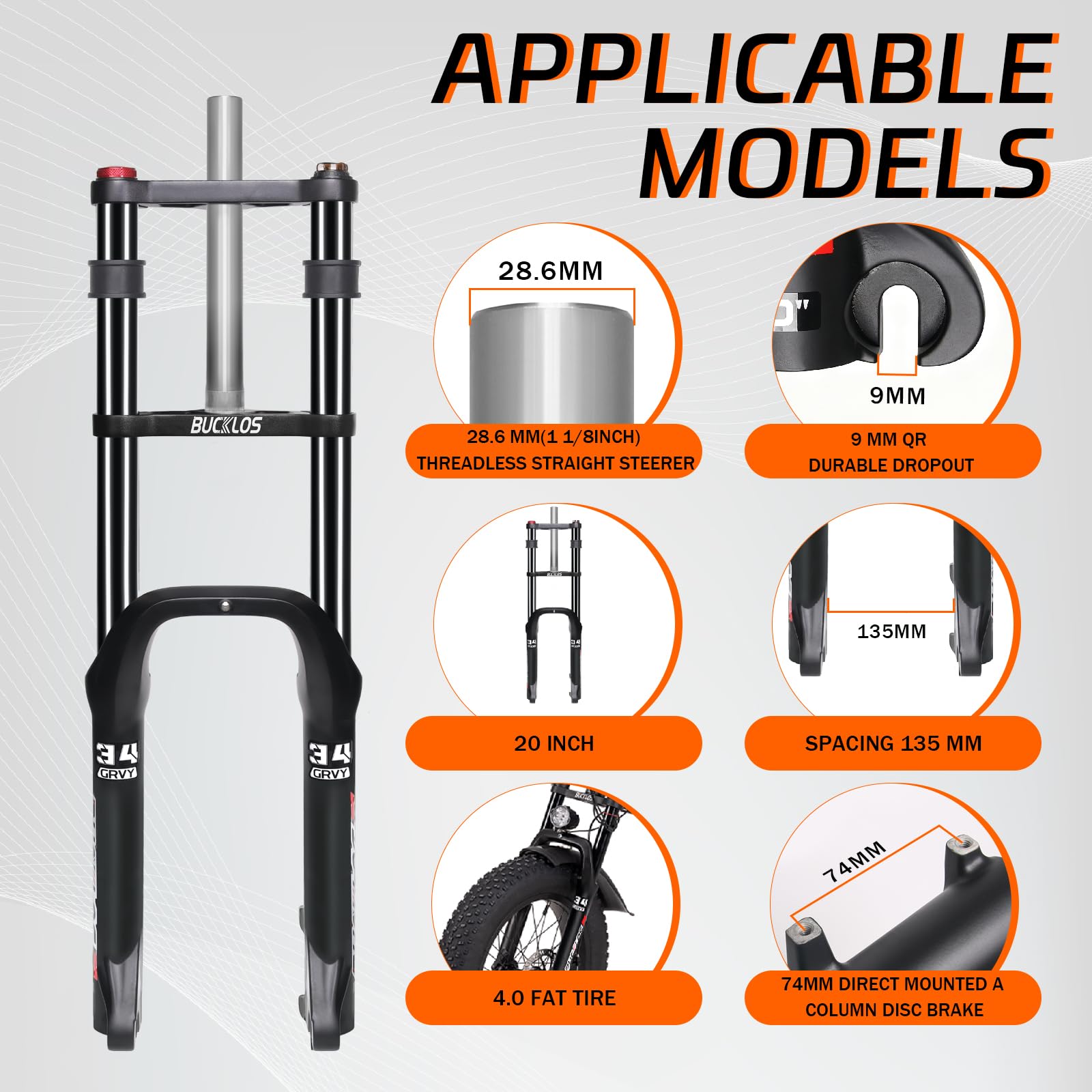Fourche à suspension Fat Tire Bike 20" 4.0, débattement 180 mm, espacement moyeu 135 mm, blocage rapide de 9 mm pour fourche avant droite de vélo électrique