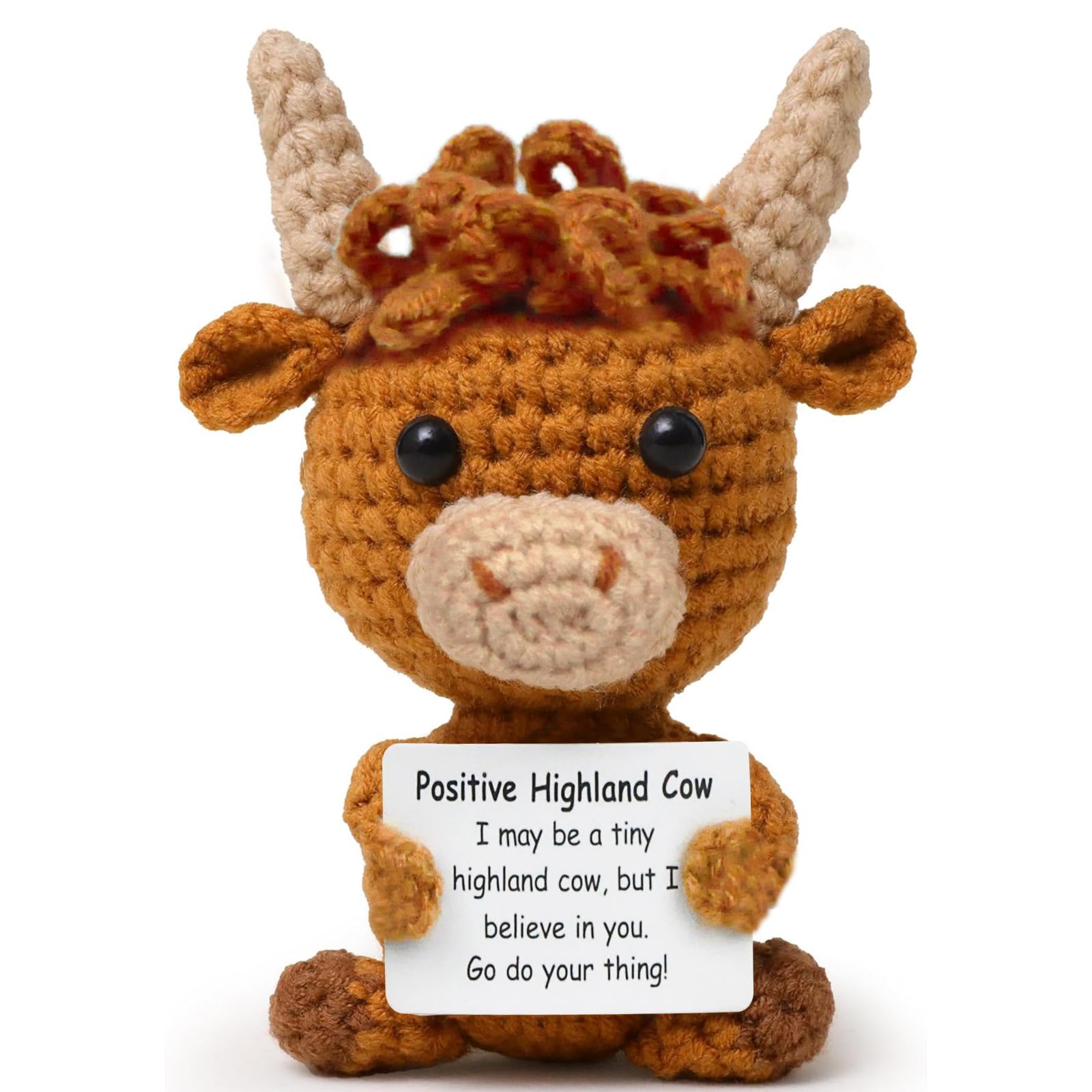Highland Cow Gifts Positive Crochet Animals Highland Cow Teddy Crochet CowToy with Emotional Support Card Cheer Up Keepsake Gift for Friends, Women, Student, Age 3+