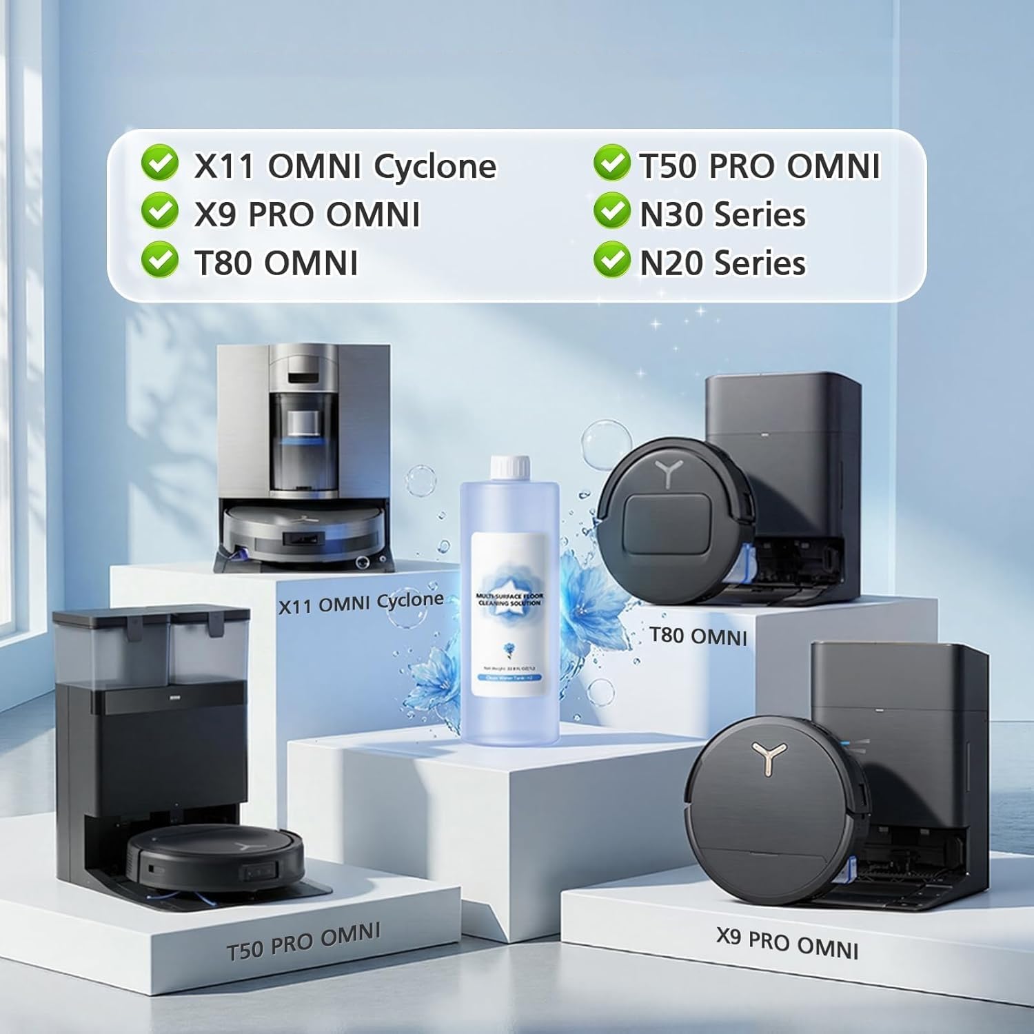 Detergente Per Robot Lavapavimenti Compatibile Con ECOVACS DEEBOT X11 Omni/X9 Pro/T80/T50/N30/N20, Multisuperficie Senza Striature, Formula Concentrata Ad Asciugatura Rapida, 1L X 2