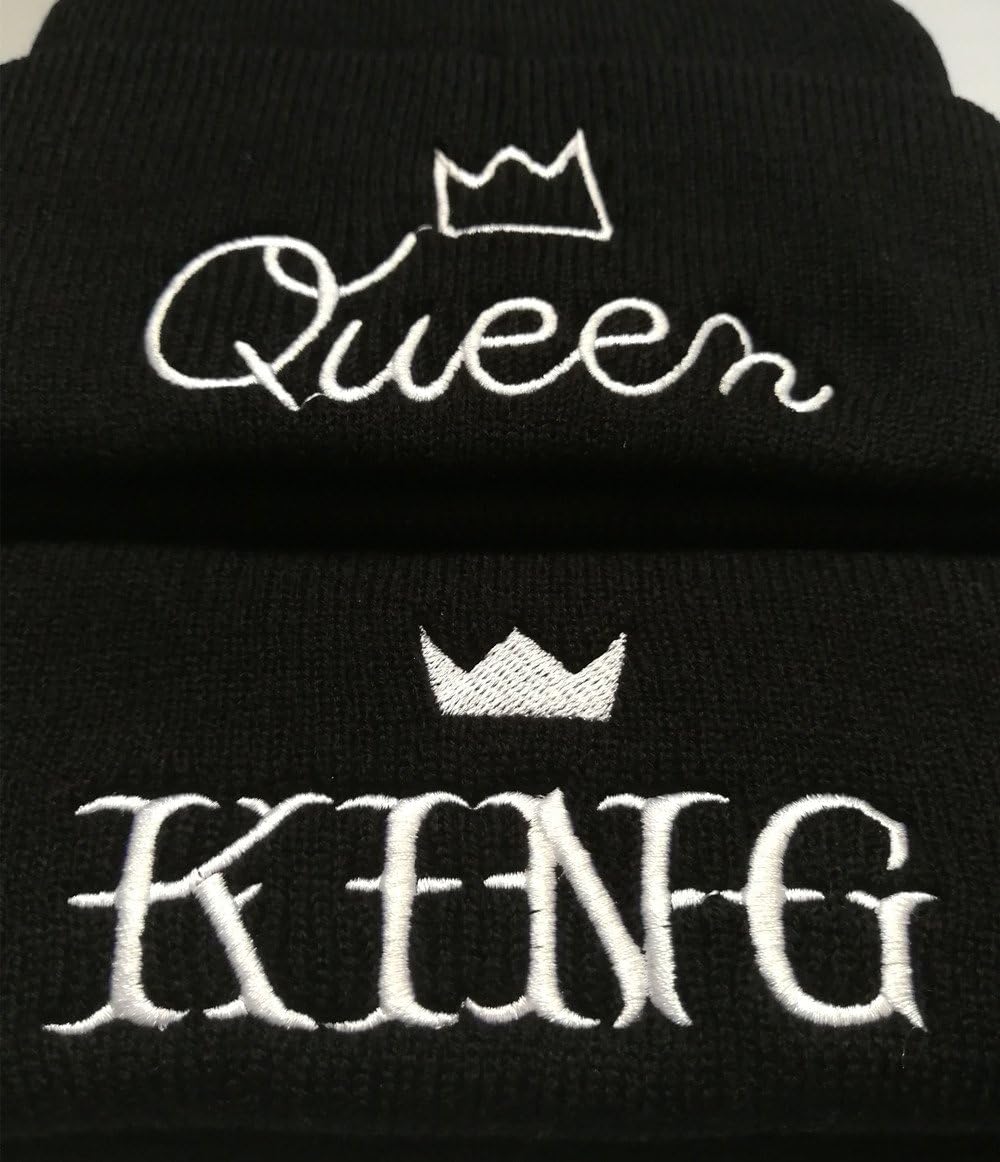 MIUNIKO Couples Lovers Fashion King and Queen Winter Warm Knit Skull Cap Ski Beanie Hats, 2-Piece Set Black - Image 7
