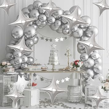 GRESATEK Silver Foil Star Balloons,10Pcs Quadrangle Star Balloons,Four Angle Star Shaped Helium Mylar Balloons for Brithday,Engagement,Graduation,Wedding Party Decorations