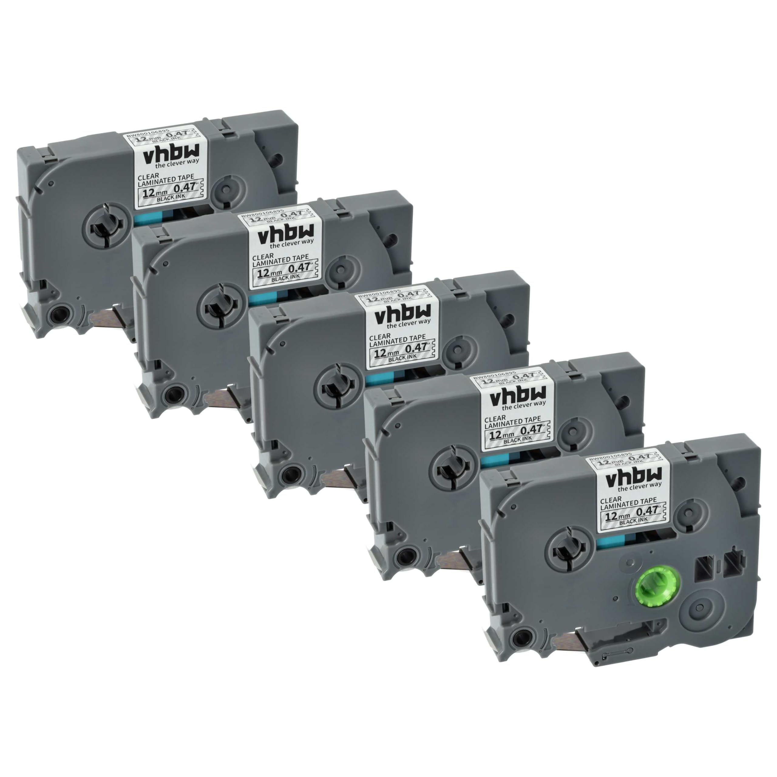 vhbw 5 x kaseta z taśmą do etykiet Brother GL H105, 100, 200, H100, 8 m x 12 mm, kolor czarny na przezroczystym