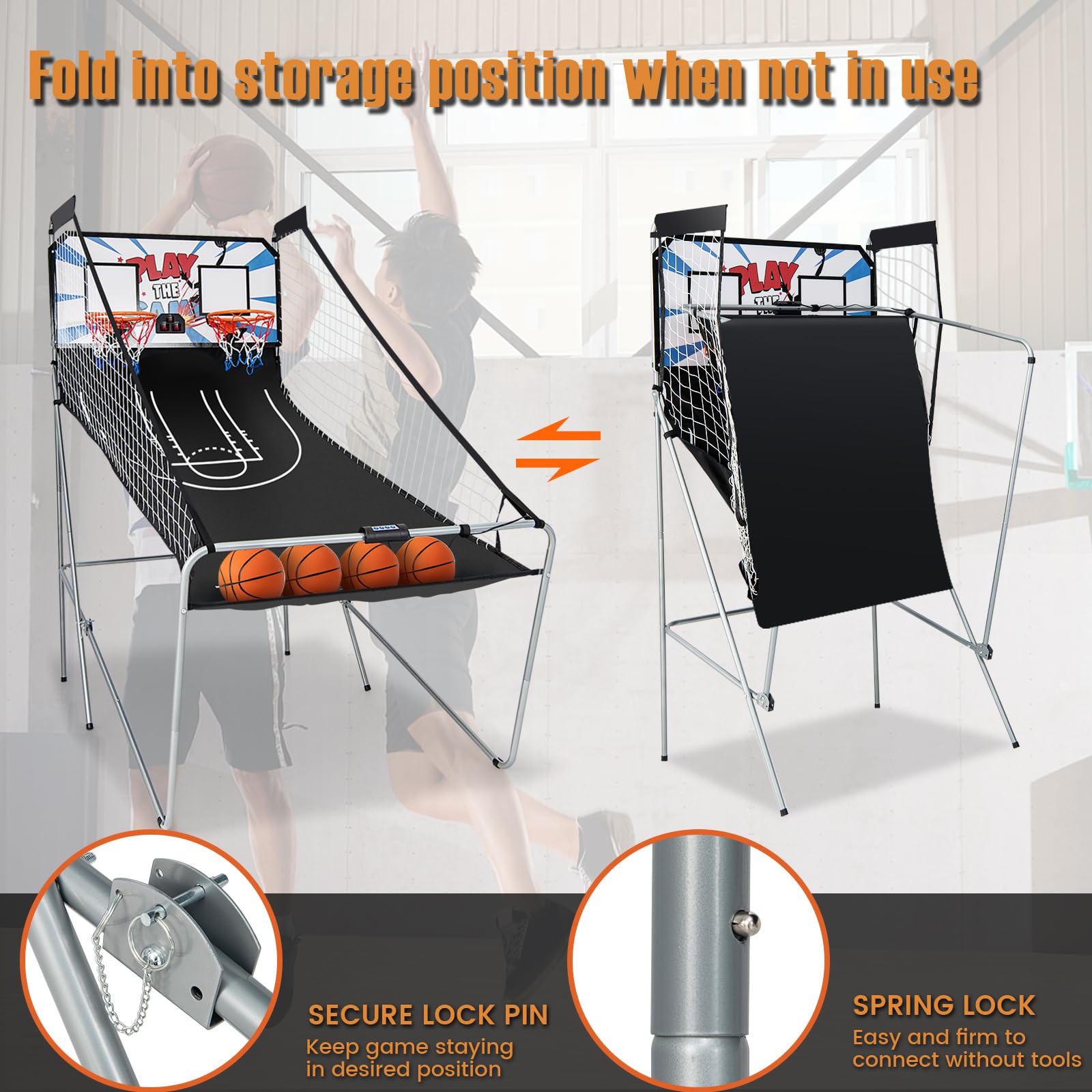 KOMFOTTEU Set di cestini da pallacanestro, arcade pieghevole a doppio cestino con contatore elettronico, 8 in 1 macchina da tiro da basket con 4 palline e pompa, 202 x 107 x 205 cm (bianco)