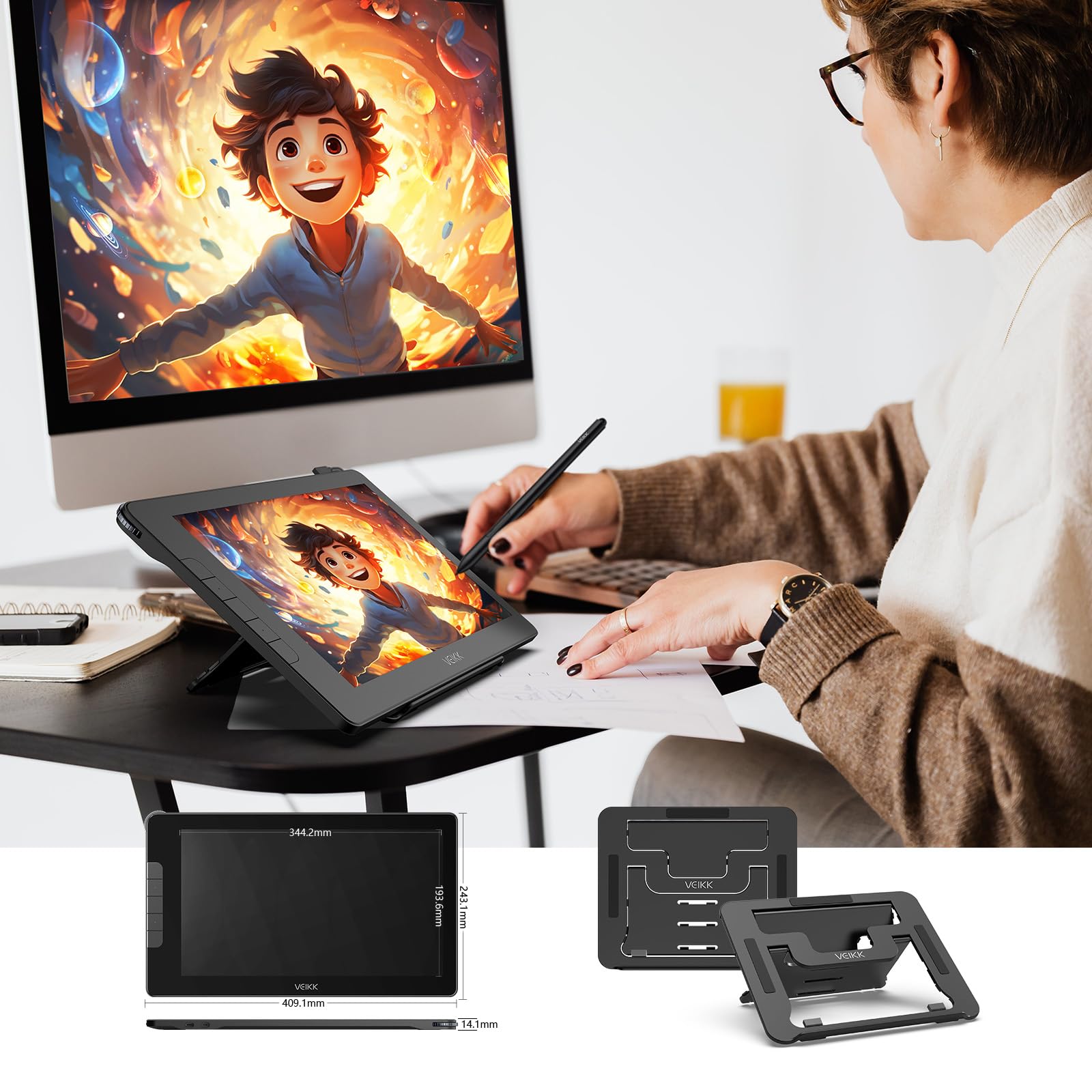 VEIKK Studio 16 Tablette Graphique avec Ecran 16384 Niveaux 15.6 Pouces Drawing Tablette avec Fonction Tilt et 5 Boutons Poussoir+1 Barre Tactile, Compatible avec Windows Mac Idéal pour