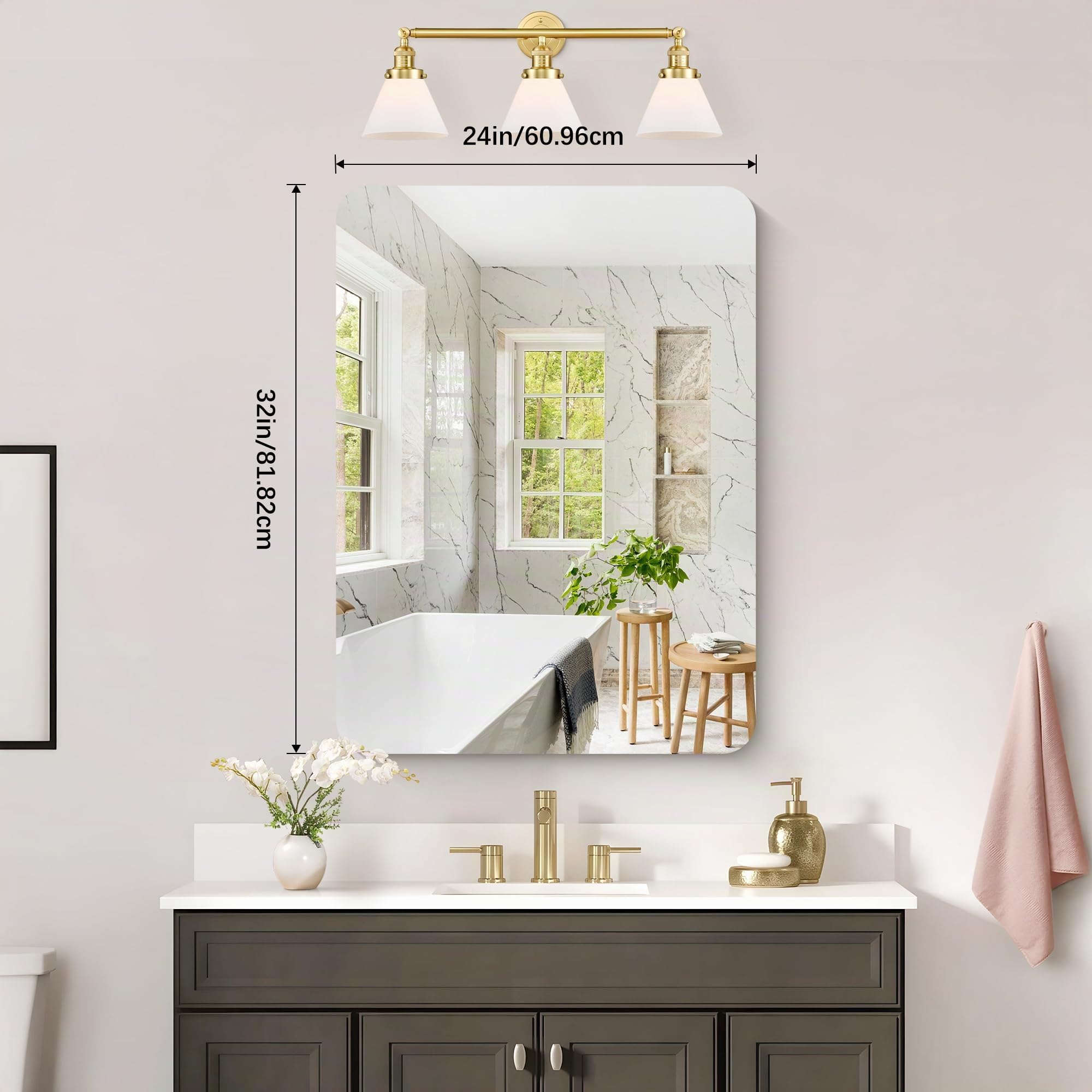 KOCUUY Espejo de baño Rectangular sin Marco, Espejo de Pared de 60 x 80 cm, Espejo con Cristal irrompible, reflexión HD, Esquinas Redondeadas, Adecuado para baños, dormitorios o vestidores.
