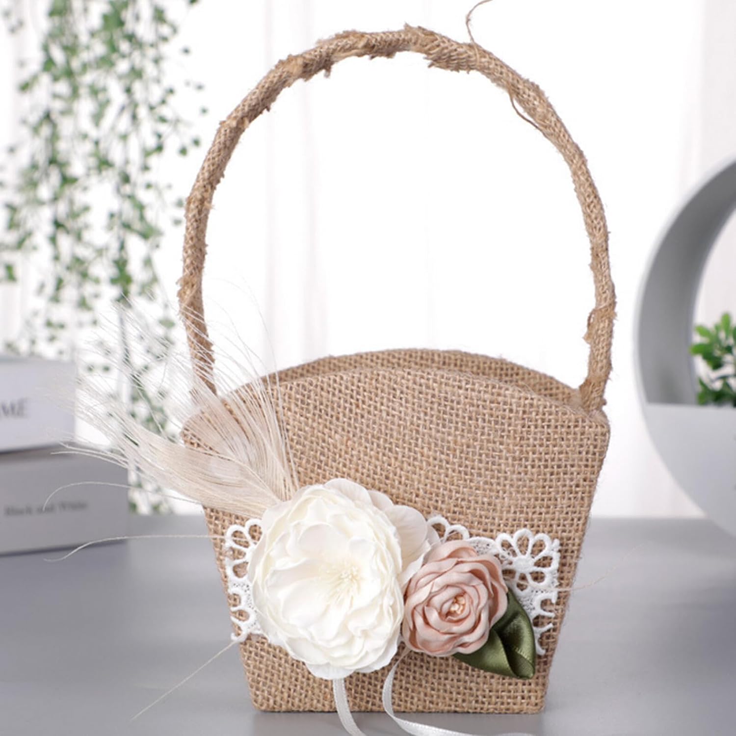 Rustic Wedding Flower Girl Basket with Plume Bow Linen Petal Holder Decorative Basket for Flower Ceremony Supplies