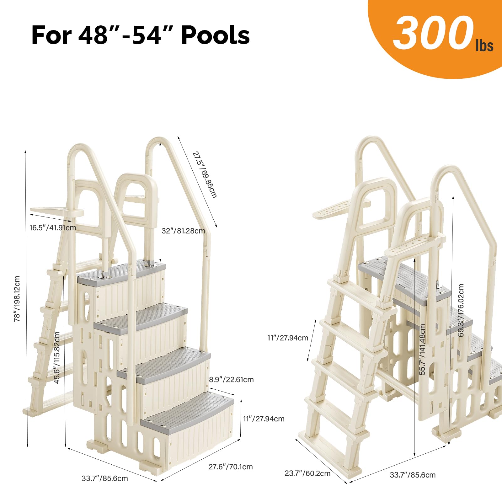 BONNLO Ensemble Escaliers de Piscine Double 4+5 Marches, PE, Blanc Cassé, Échelle de Piscine Creusée et Hors Sol 116cm, Anti-Dérapant, DIY Combiné