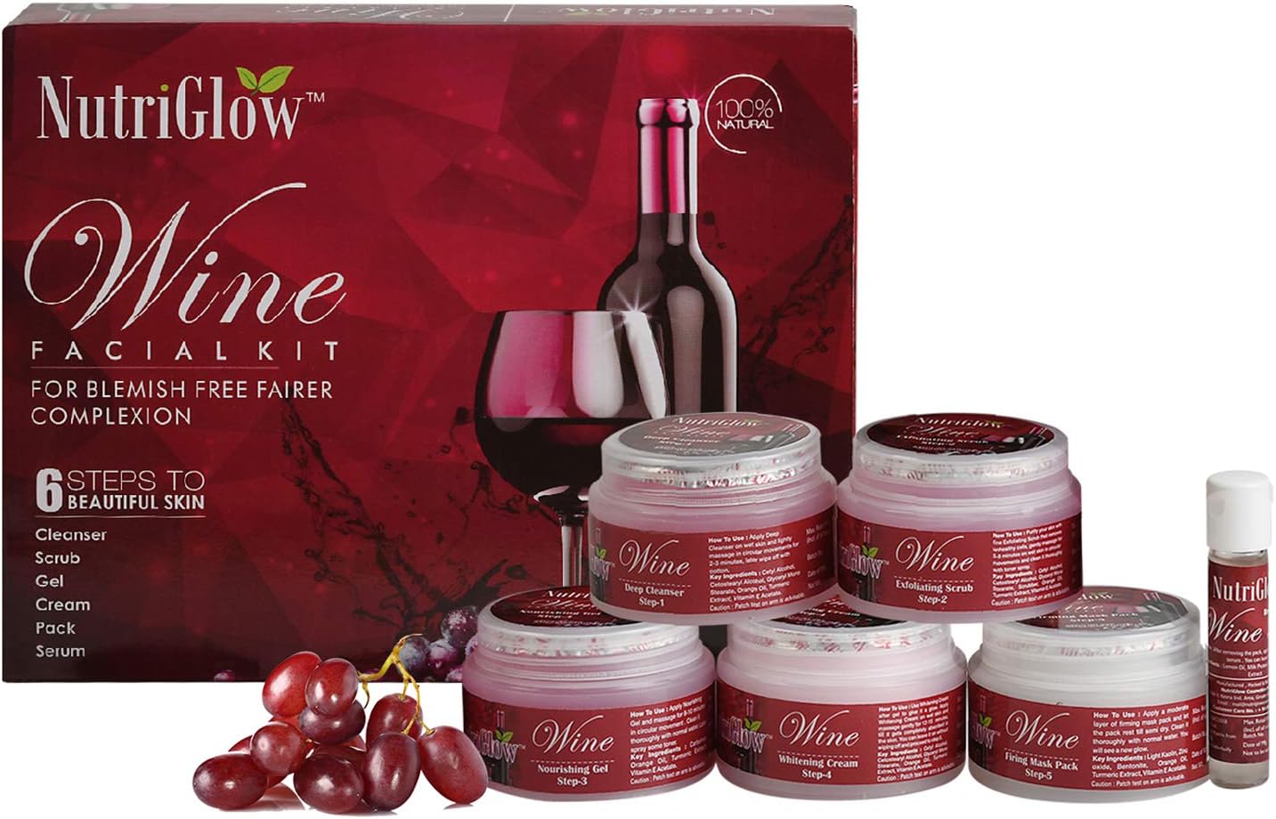 NutriGlow Wine Facial Kit 6Pieces Skin Care Set with Deep Cleanser