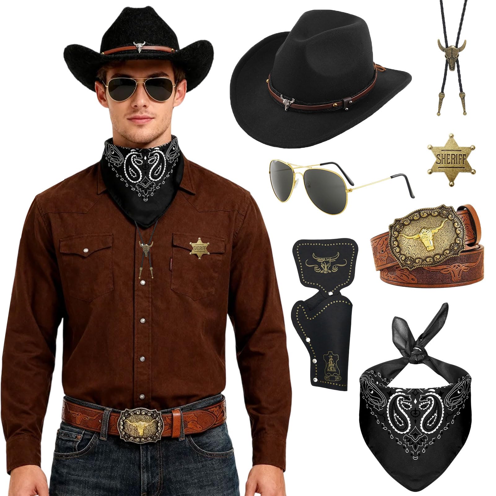 Essestim 7 Pcs Western Cowboy Fancy Dress Accessories Set with Brown Hat, Holster, Bandanna, Sheriff Badge, Glasses, Belt Accessories for Halloween, Cosplay, Western Theme Party (Black, Style 1)