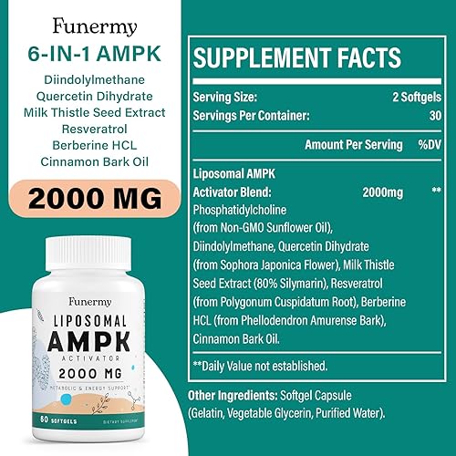 Miniatura 2 de Activador liposomal AMPK 2000 mg - Alta biodisponibilidad Berberina HCL, DIM, cardo mariano y corteza de canela Cápsula 6 en 1 AMPK Suplementos para