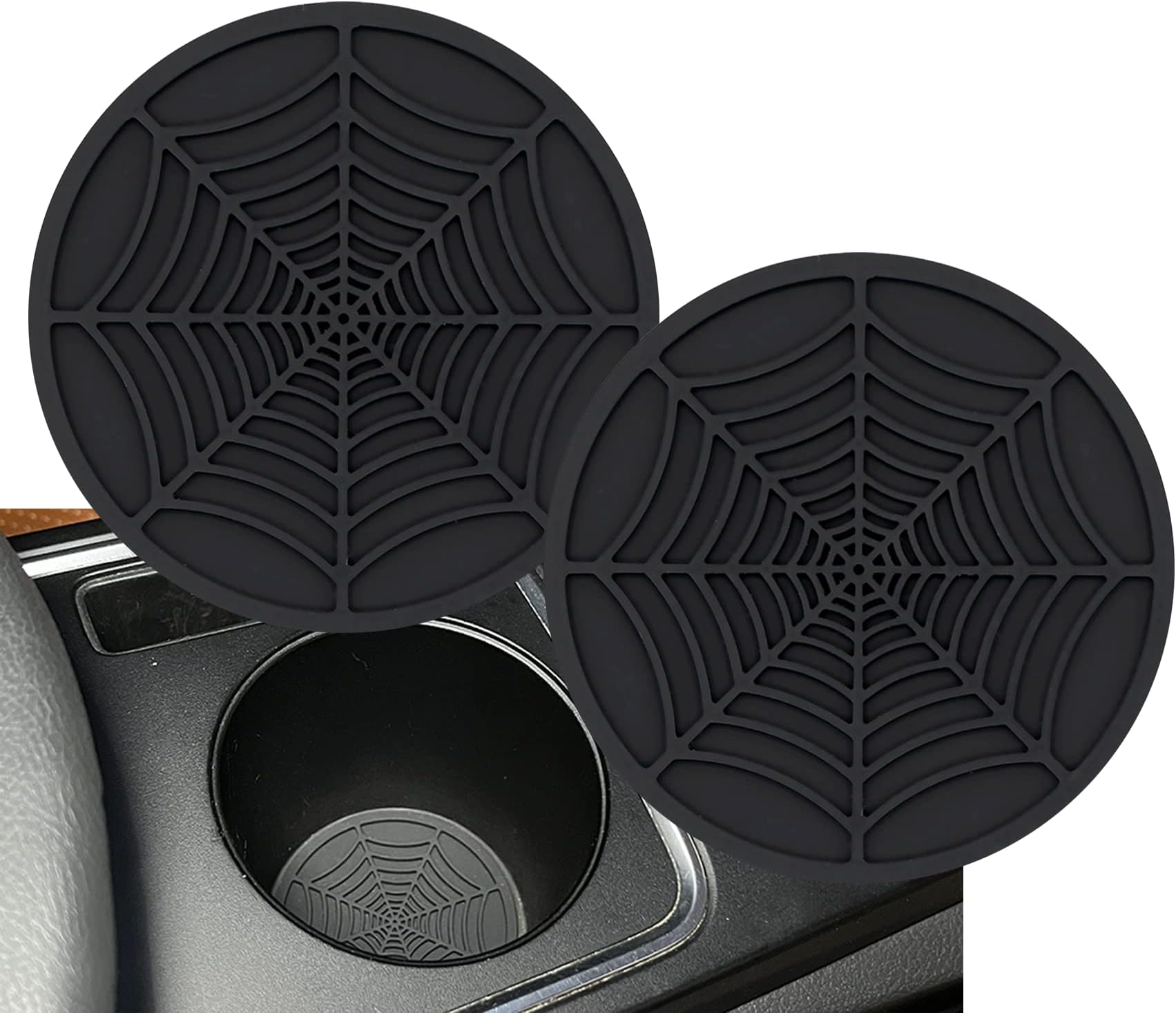 Car Cup Holder Coaster, 2 Pack Universal Auto Anti Slip Cup Holder Insert Ornaments Coaster, Durable, Suitable for Most Car Interior Accessories (Black-Spider Web)