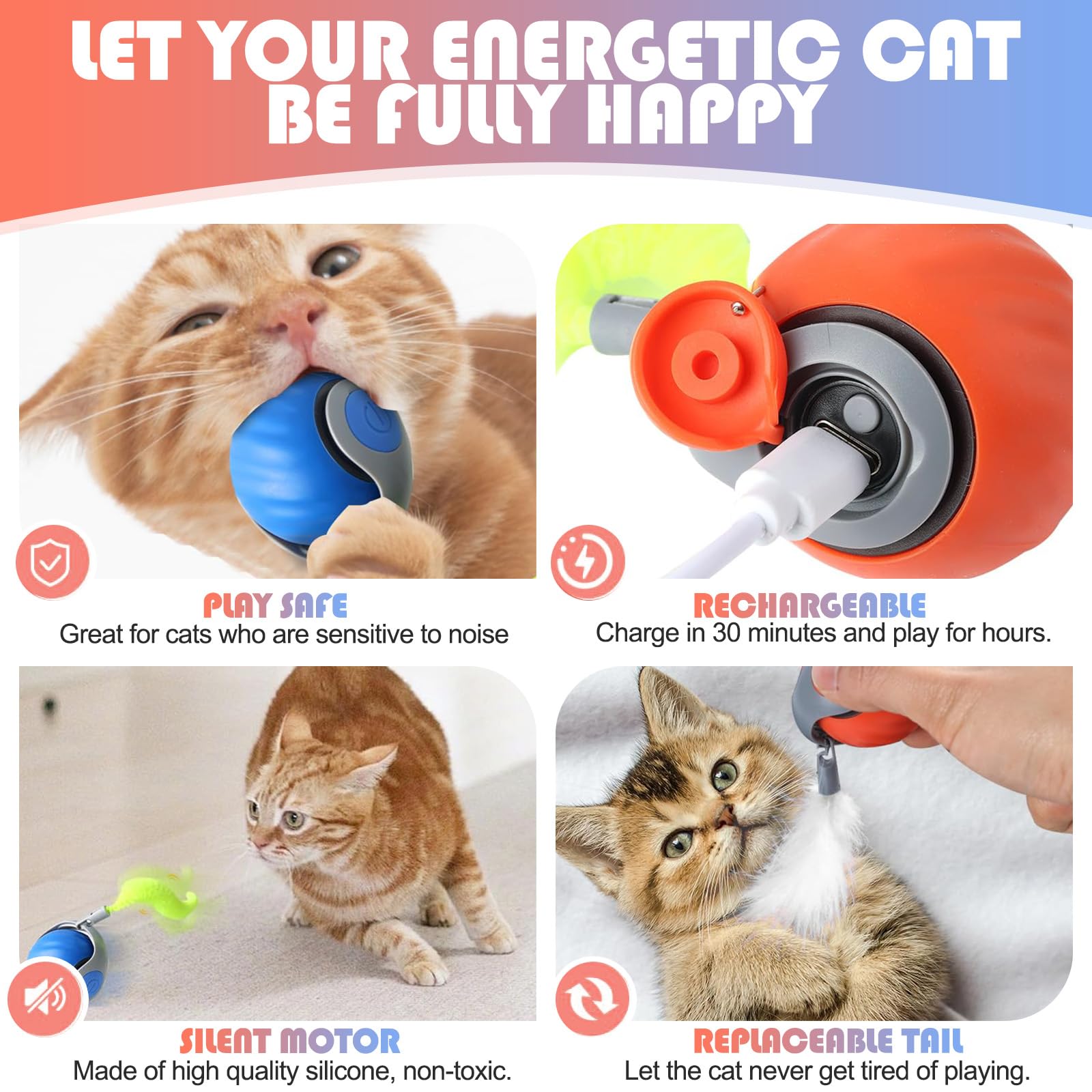 2 PCS Speedy Tail Cat Toy, Smart Interactive Automatic Cat Ball, Electric Rechargeable Irregular Moving - Image 3