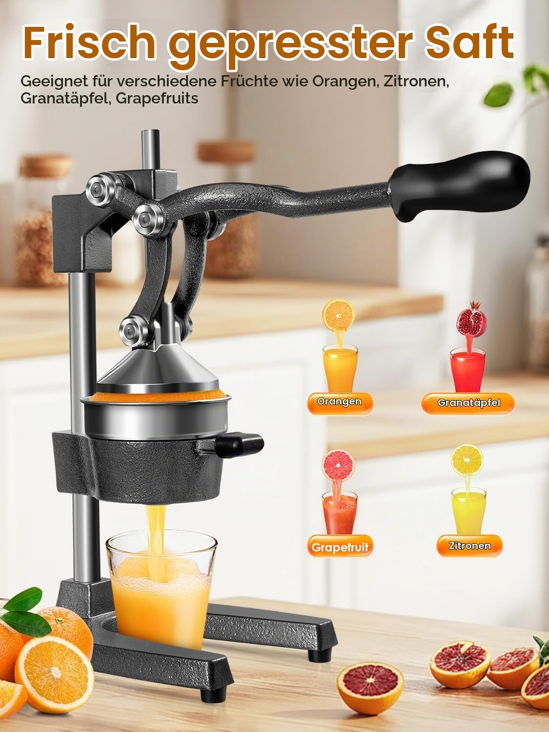 Viugreum Profi Saftpresse manuell aus Gusseisen – Schwere Hebel-Zitruspresse mit 9cm XL-Öffnung, Hochwertiger Entsafter manuell für Orangen & Granatäpfel, Edles Design für Gastro & Küche