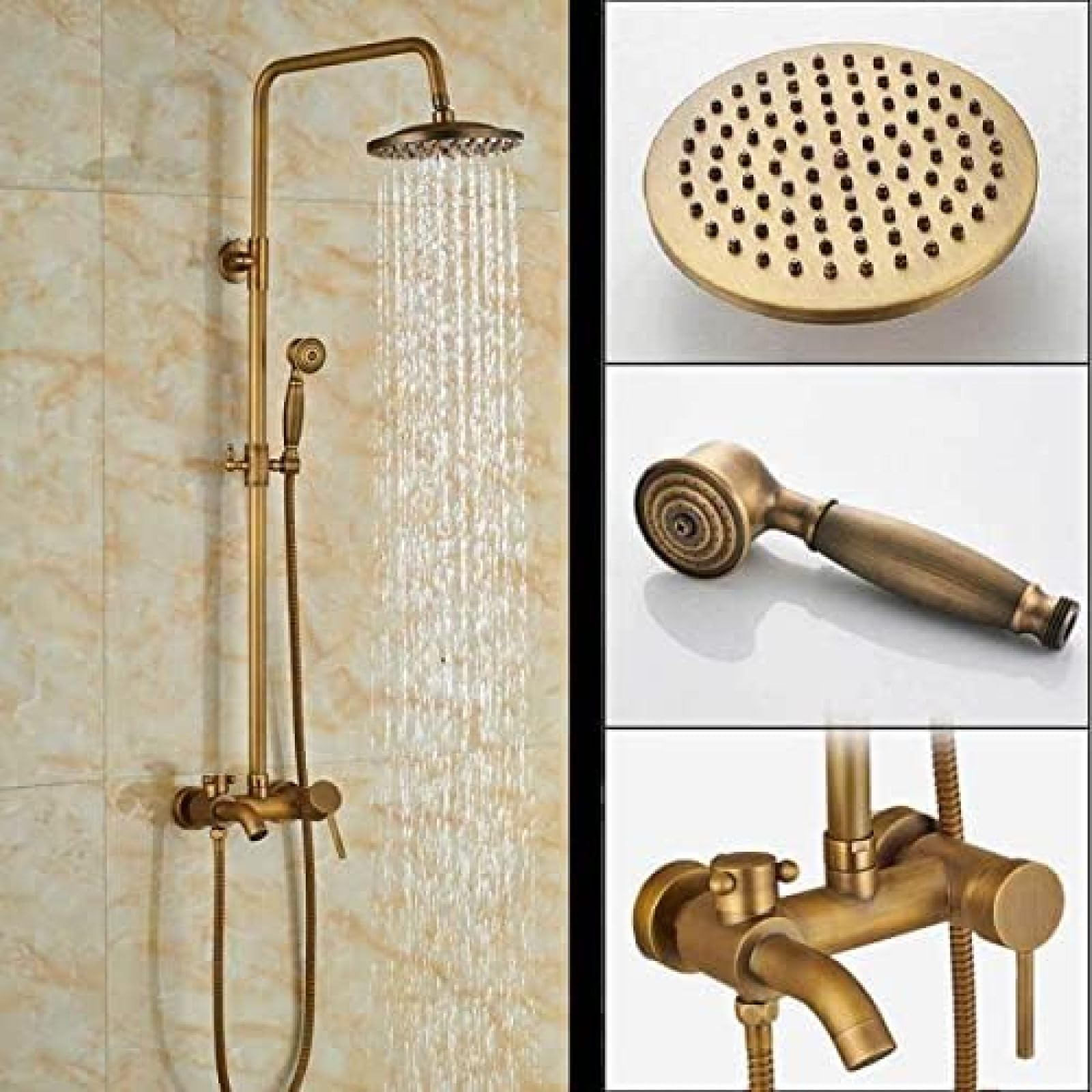 GLJTUO Bath Shower Mixer Faucet 8 Inch Shower Set Rainfall Brass Shower Head in Wall Rain Shower Faucet with Handshower Brass Spout,Chrome,Black with Shelf,Aged Brass A01