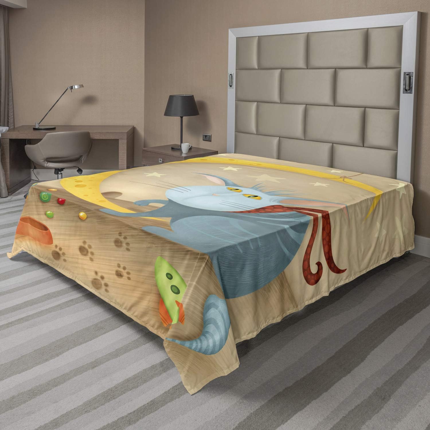 Ambesonne Funny Flat Sheet, Cat and Mouse on Crescent Moon Shaped Cheese Paws Cartoon, Soft Comfortable Top Sheet Decorative Bedding 1 Piece, Queen Size, Multicolor