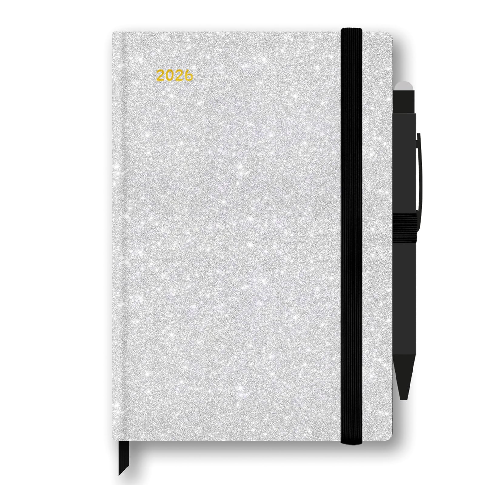 Agenda 2026 Settimanale Nera Glitterata - Formato 12x18 Cm, Con Elastico, Tasca Soffietto, Segnalibro E Penna Inclusi