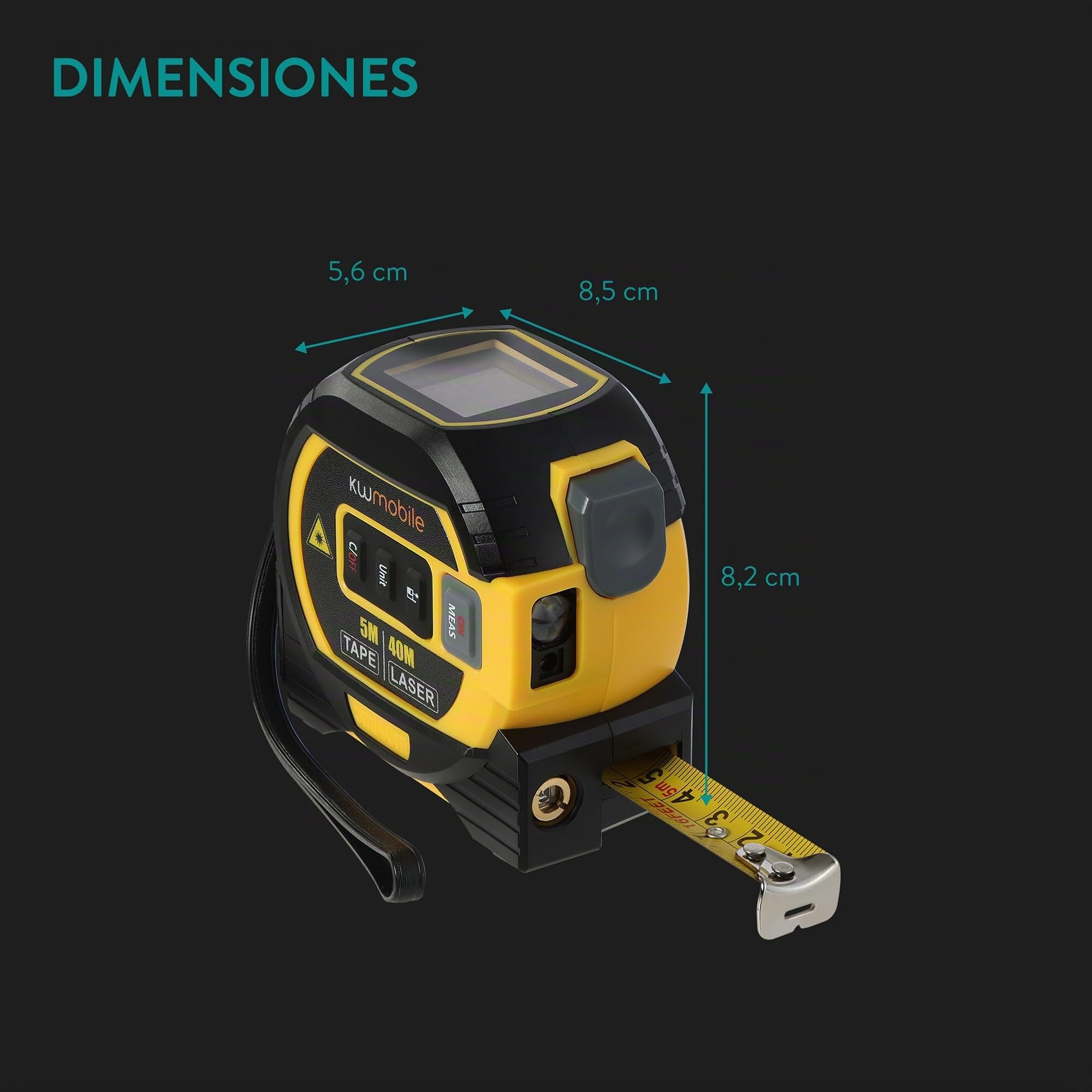 kwmobile Cinta Metrica Digital 3en1 - Medidor Laser Distancia 40m con Cinta Métrica 5m - Para Distancia Area Volumen y Medición Pitagorica - Metro Laser con Pulgadas Pies y Metro